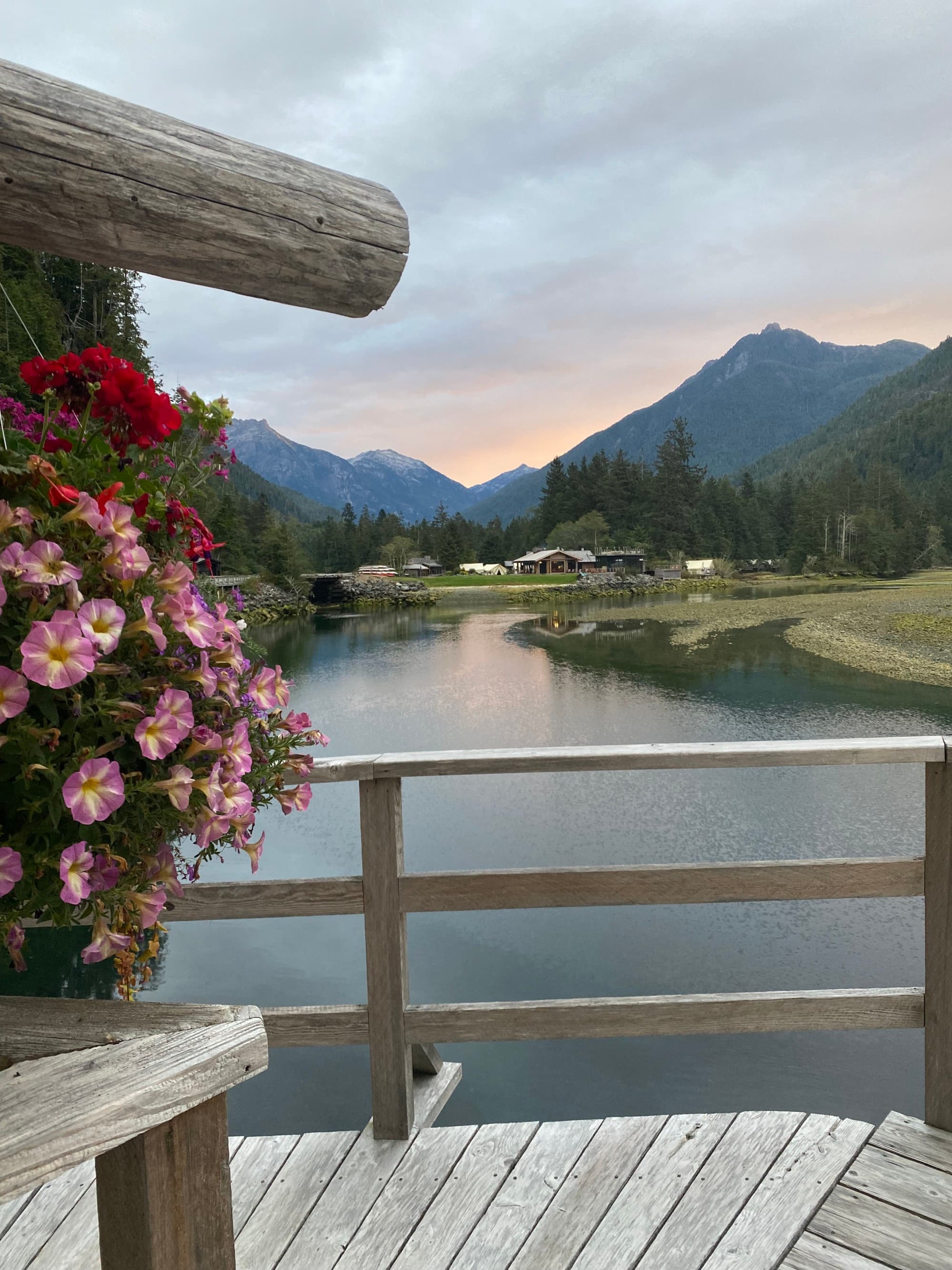 Pink flowers hanging from a wooden beam in front of a wooden dock that looks out onto a river, grass and mountain range in front of a light pink sunset.