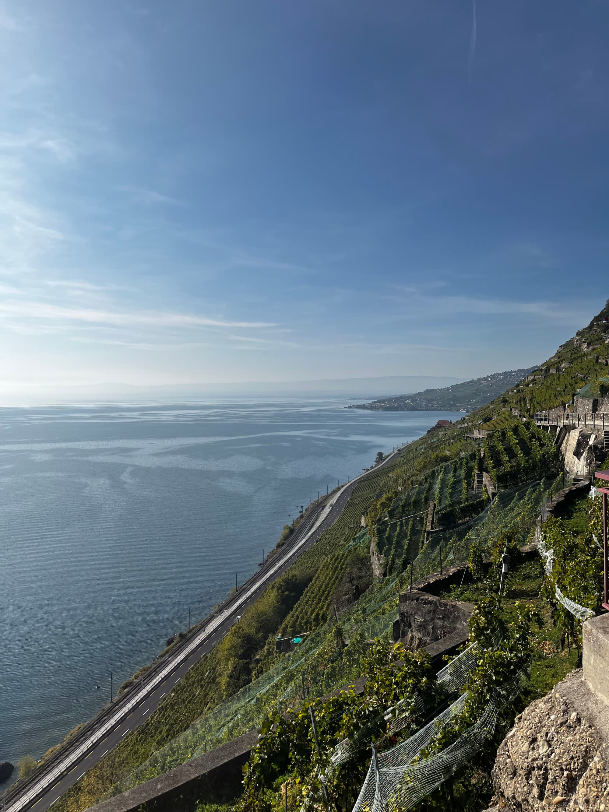 Sea and seaside view with clear skies and lush greenery on the mountain side.
