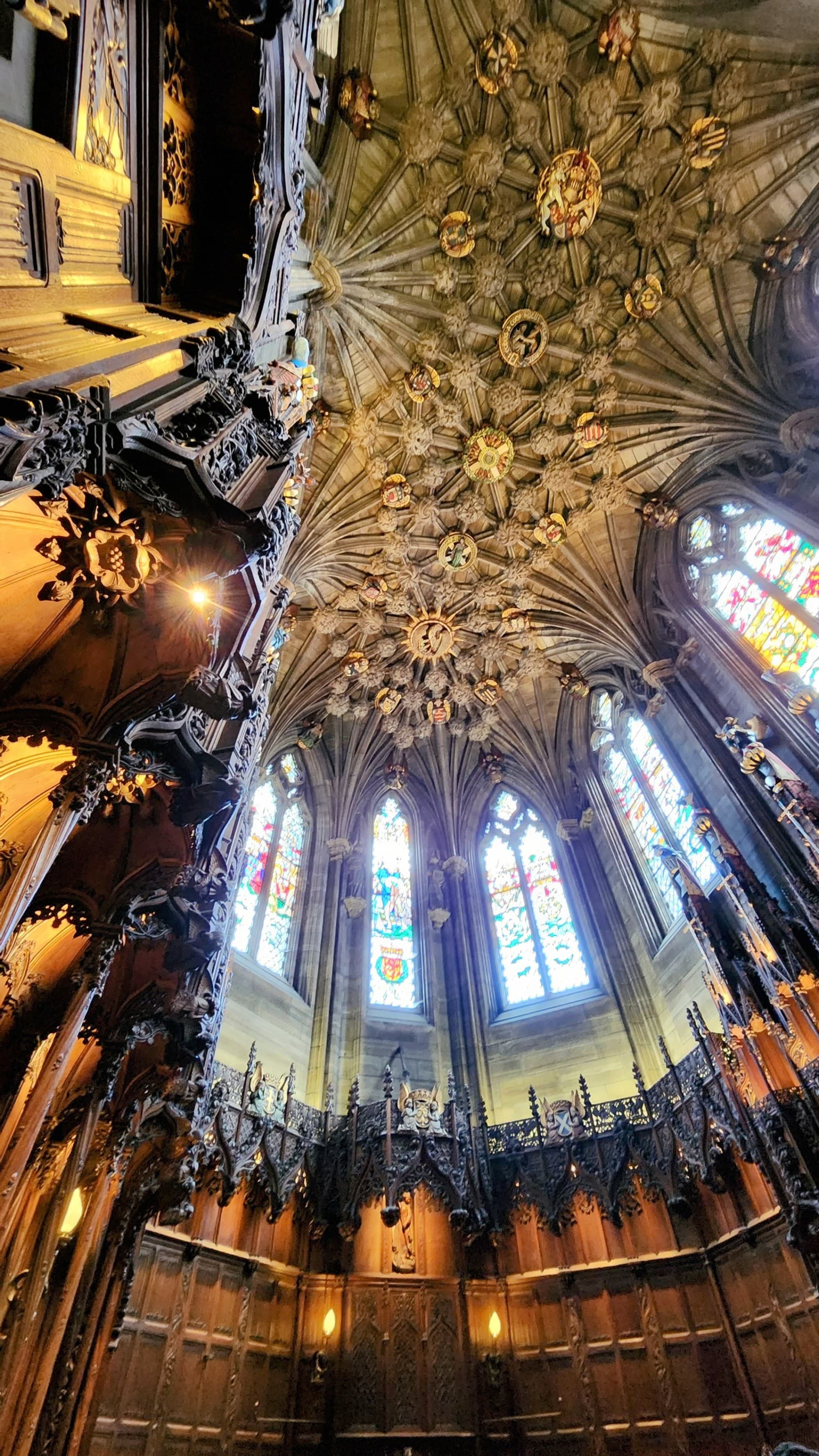 Inside a side room of St Giles Cathedral looking up into the rafters