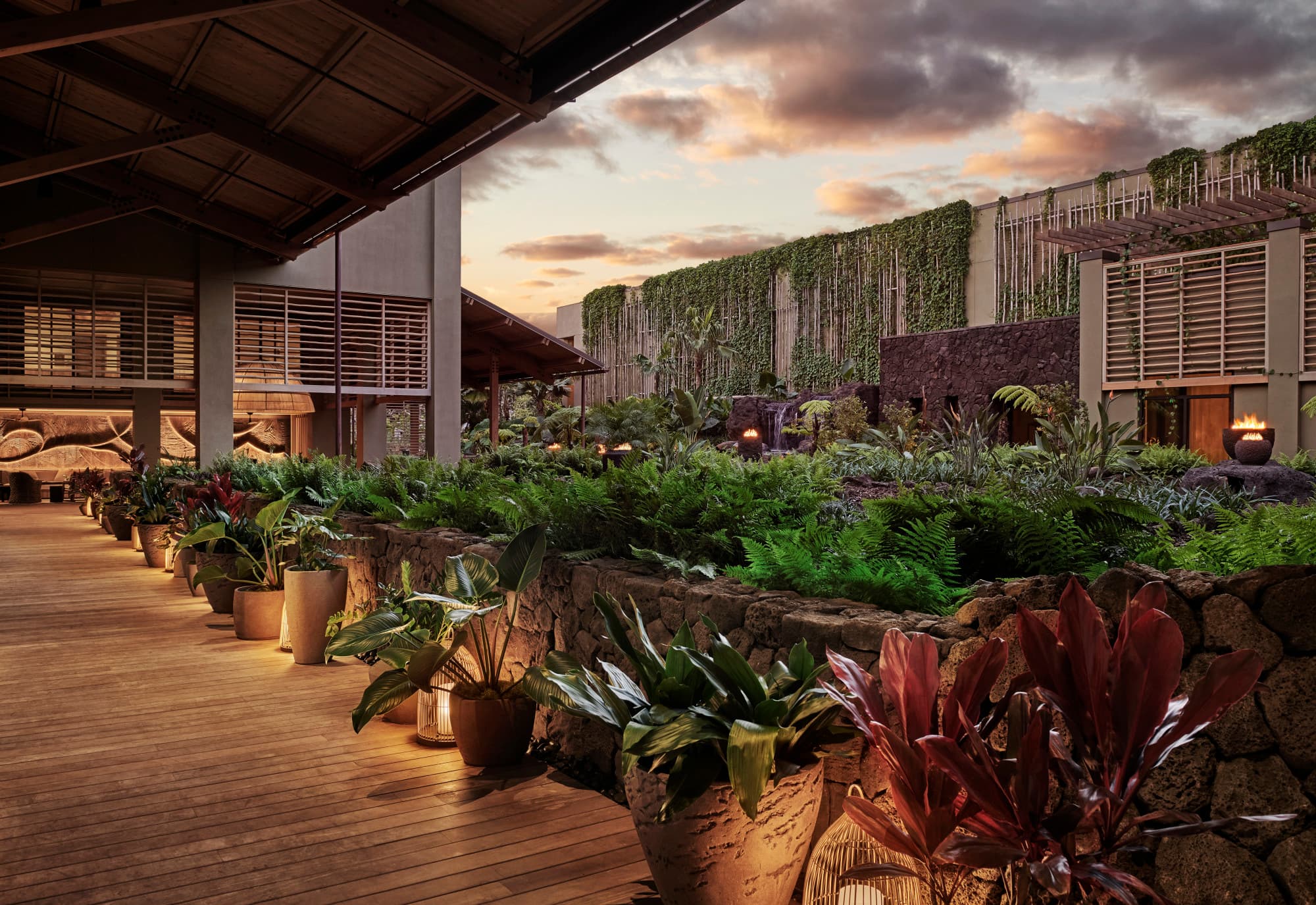 plant-covered wooden lobby