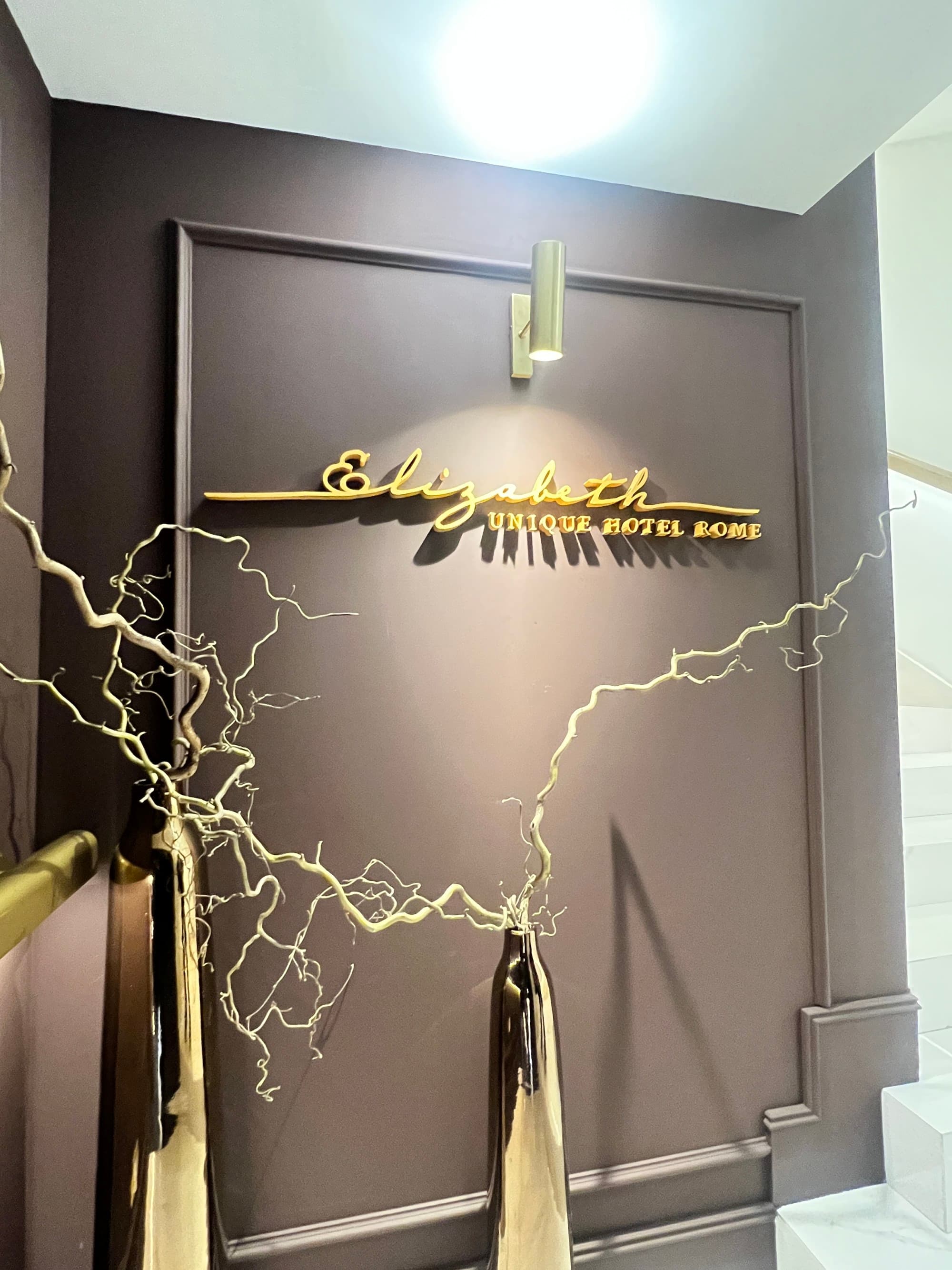 A brown wall with a gold sign and branches in decorative pots positioned in front of it.