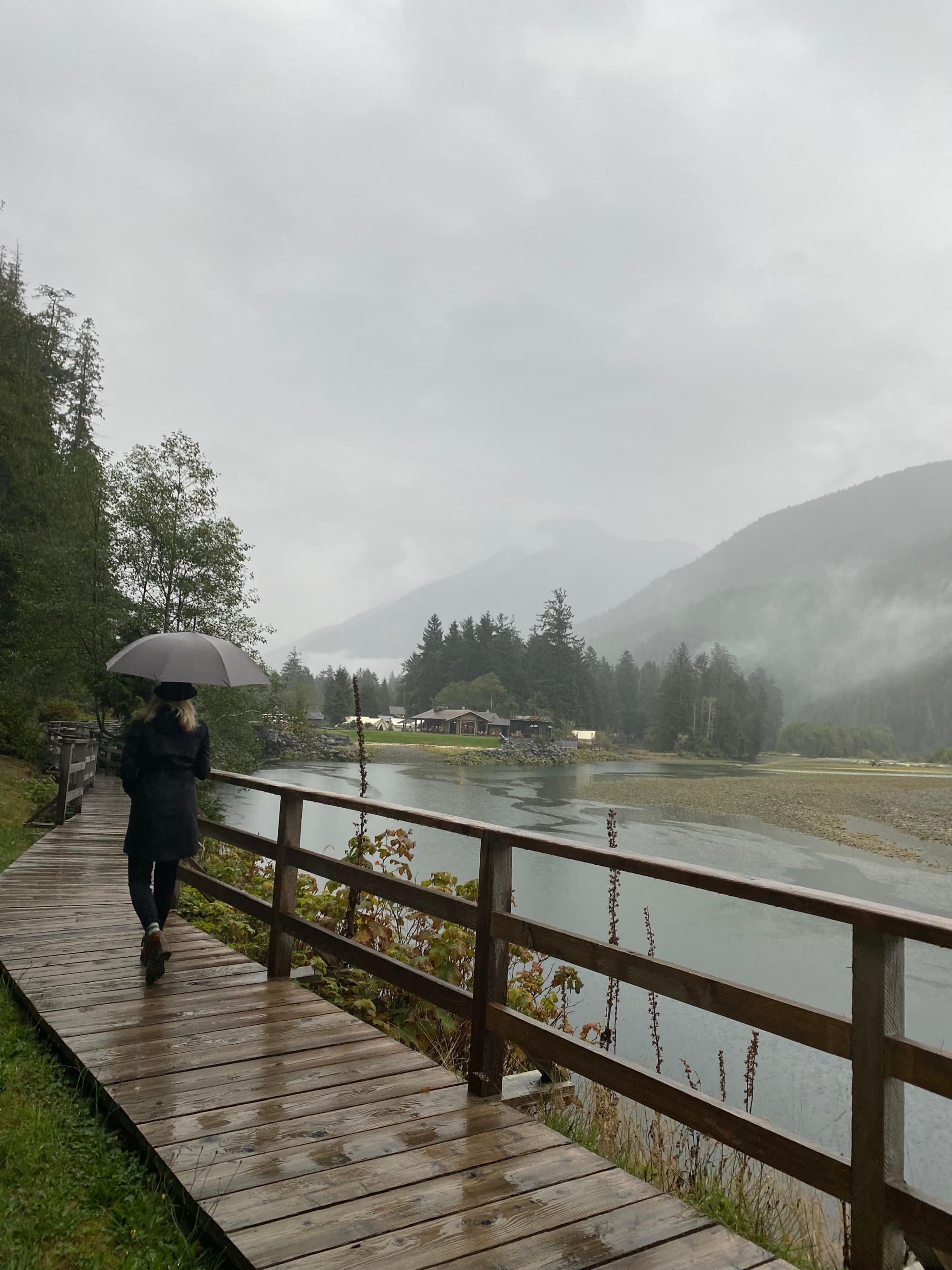 A person walking down a wooden path while holding a black umbrella next to a wooden railing with pine trees and a foggy mountain range in the distance.