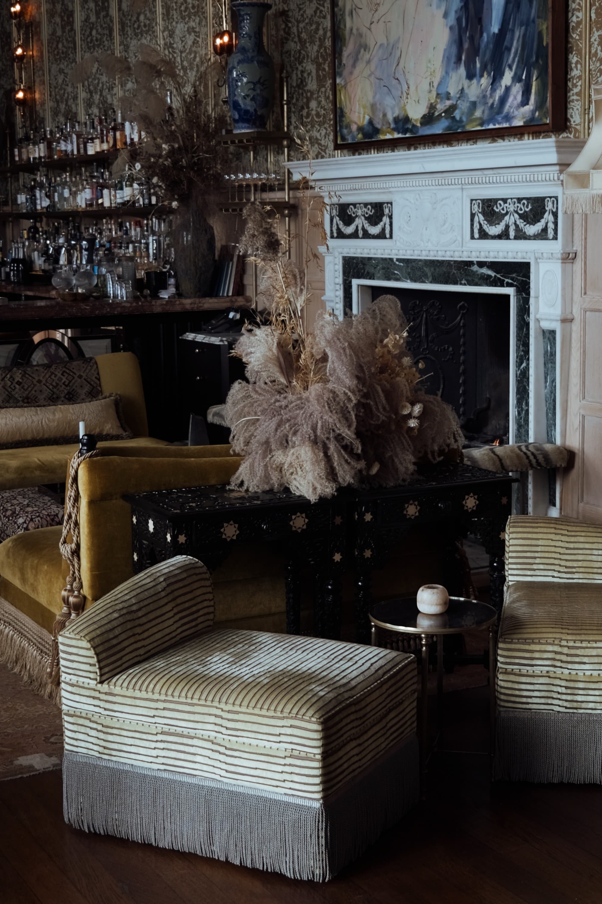 A seating area in a dimly-lit room