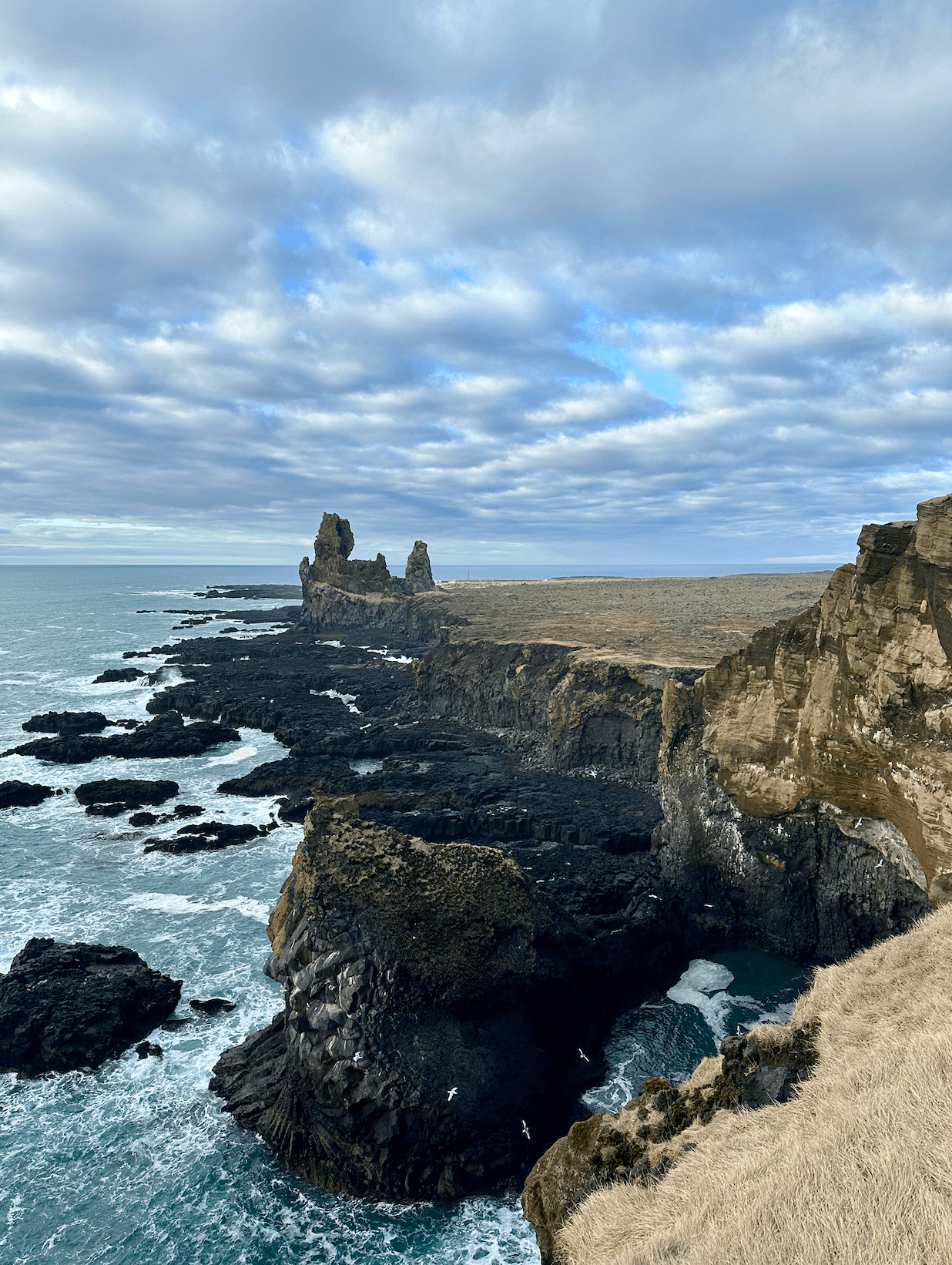 Bjarnarfoss cliffs with a shoreline and beautiful clouds in the distance - Kati Vervack