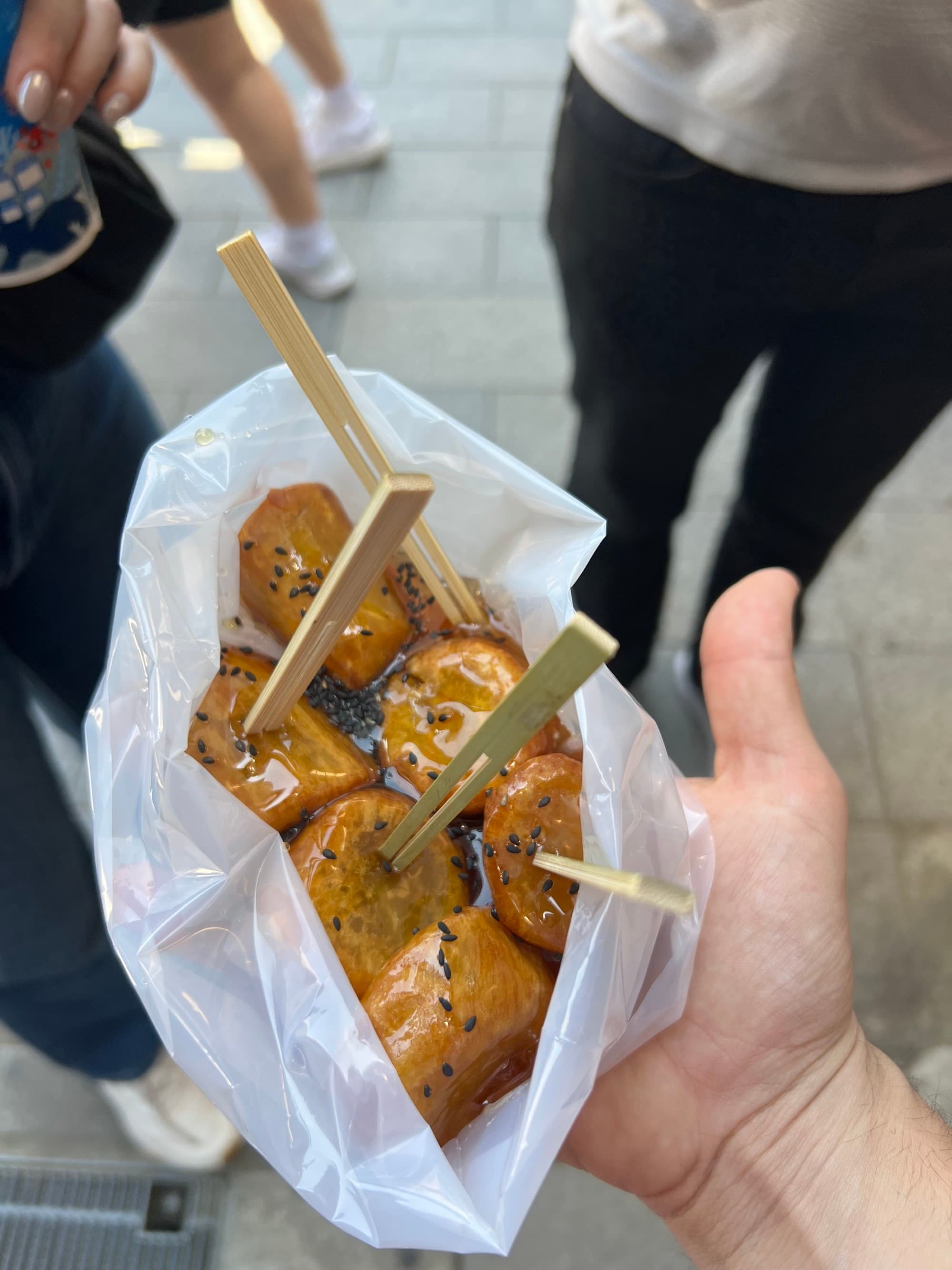 A bag of food on sticks in a bag