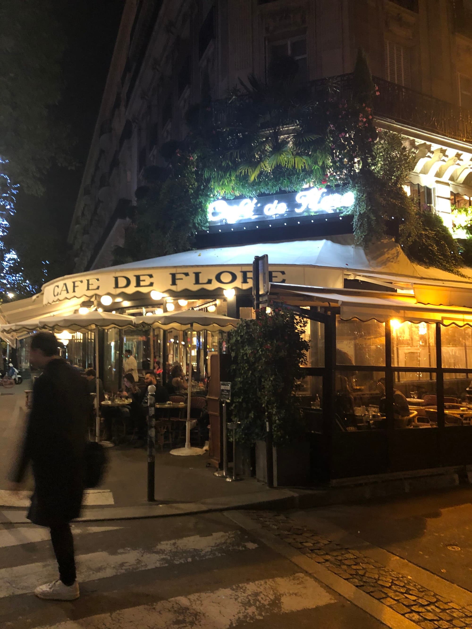 The exterior of a restaurant called Cafe De Flore at nighttime near the Regina Hotel Paris