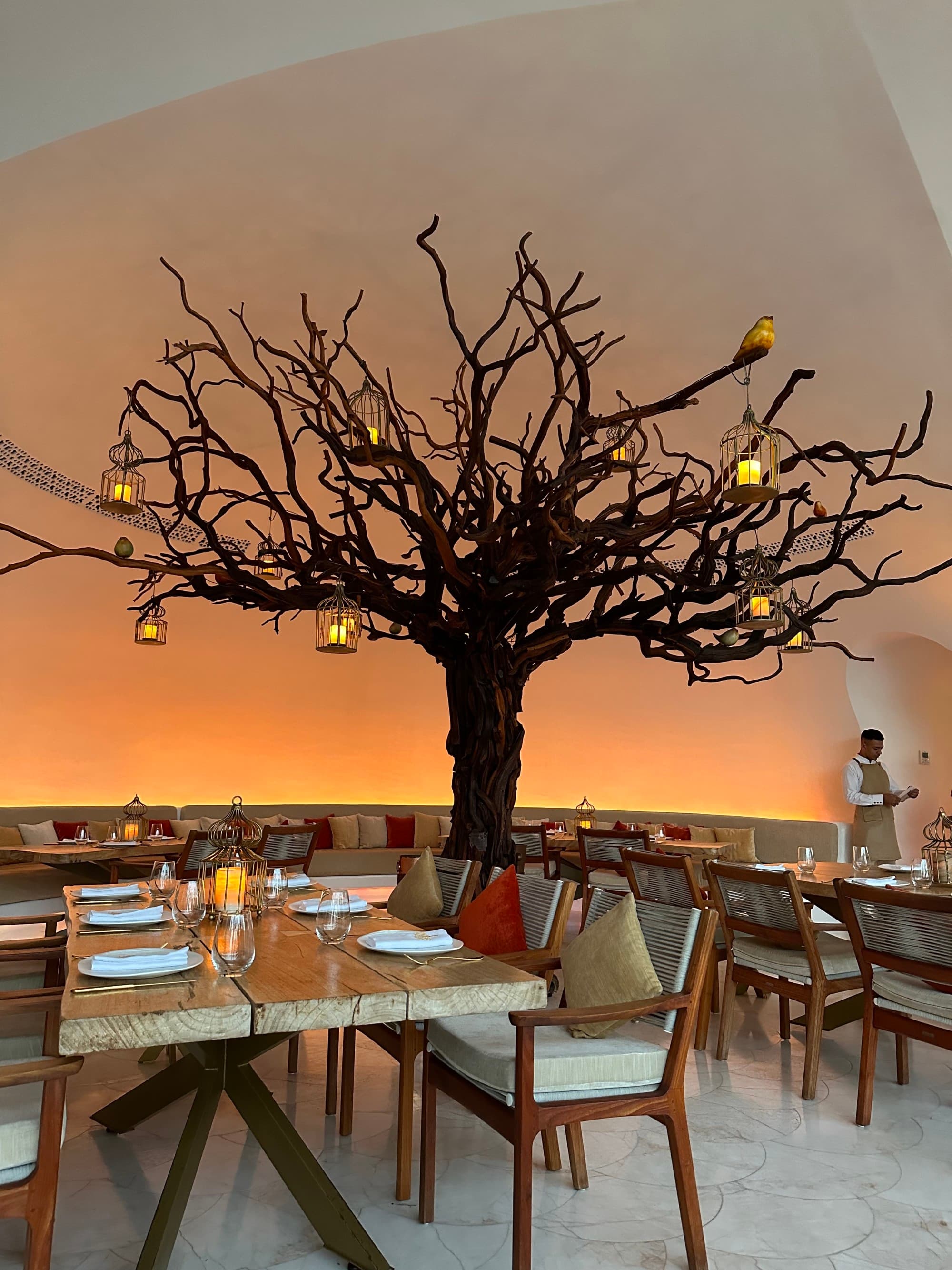 A mythical-looking tree set up inside a dining room, with a white-domed ceiling and orange lights reminiscent of the sunset.
