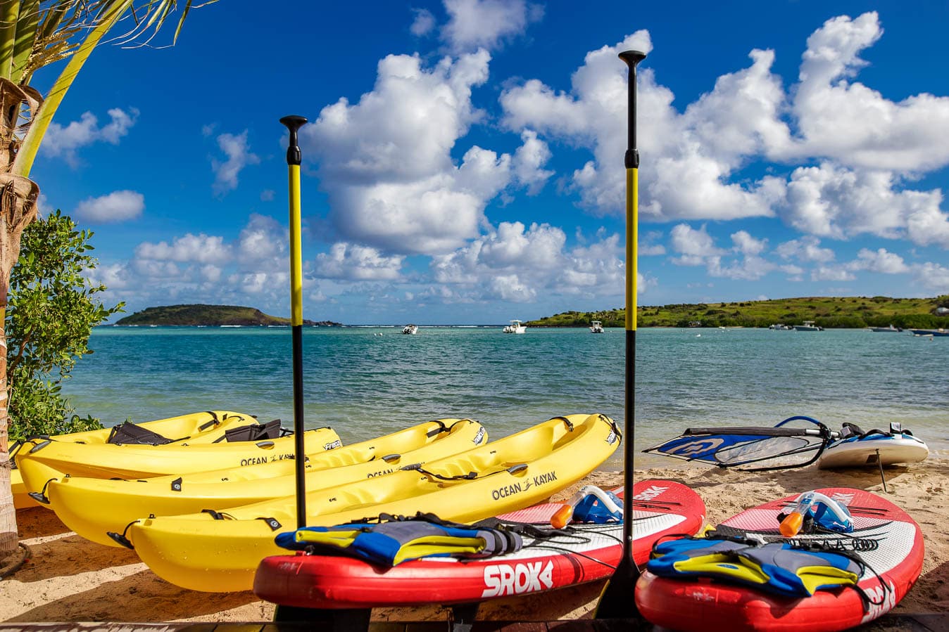 kayaks and paddle boards on a beach