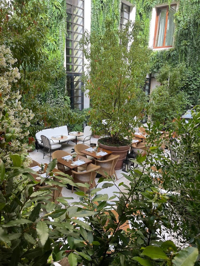 A hotel courtyard with coffee tables surrounded by greenery.