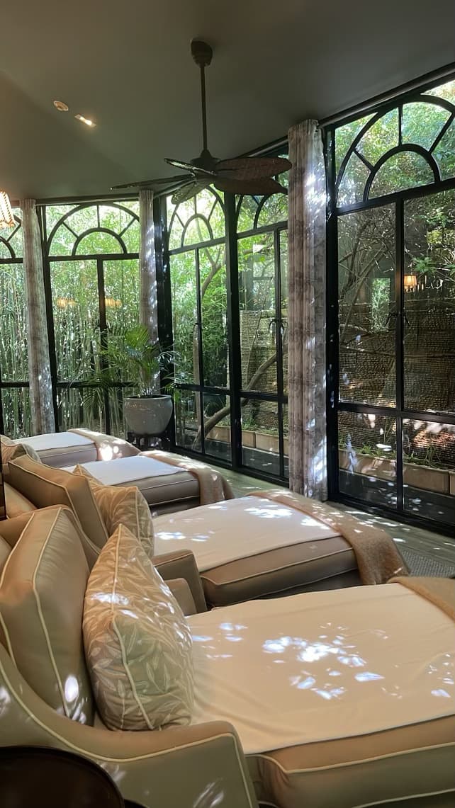 Lounge chairs in a solarium.