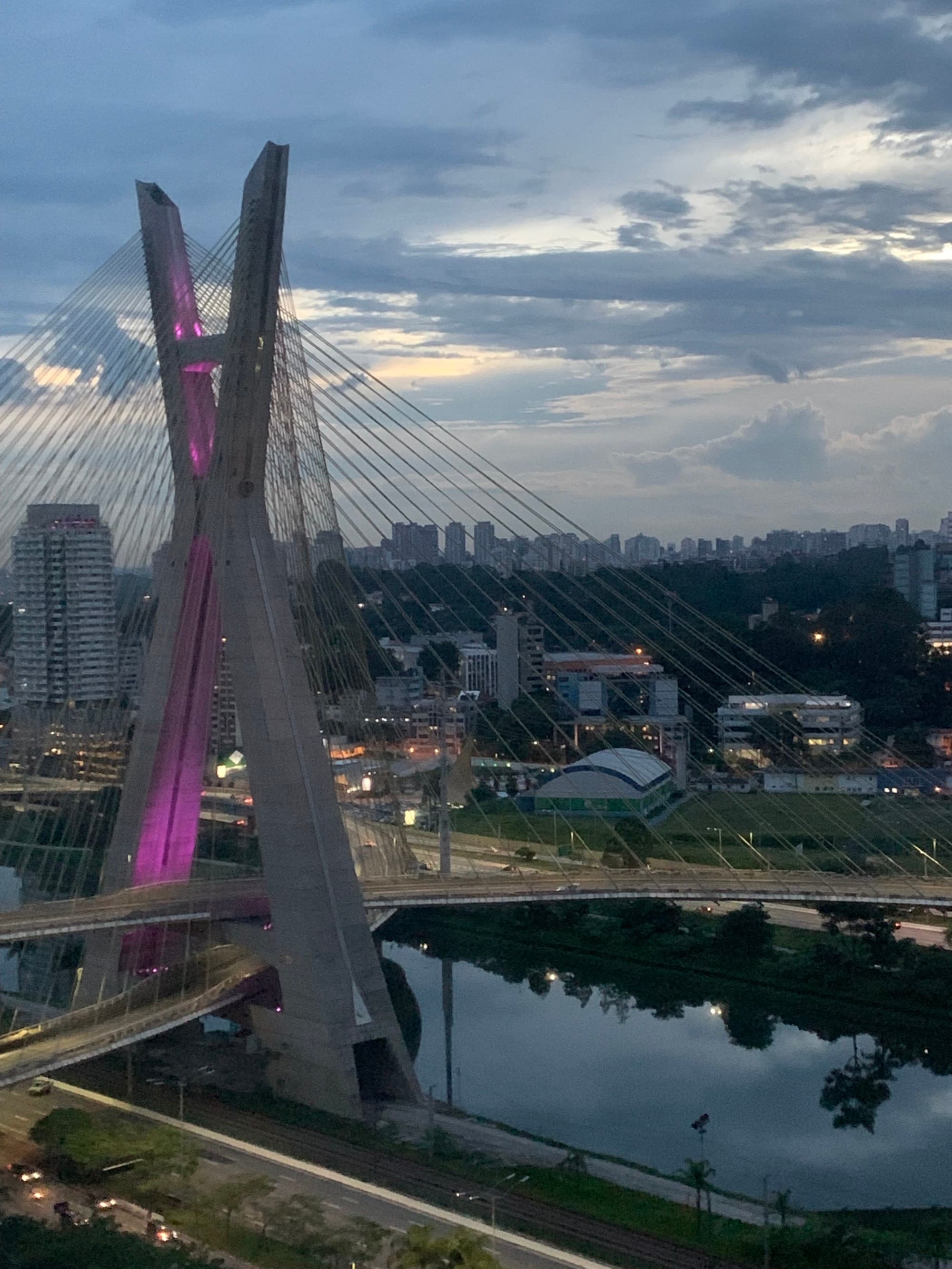 Illuminated bridge at nighttime.