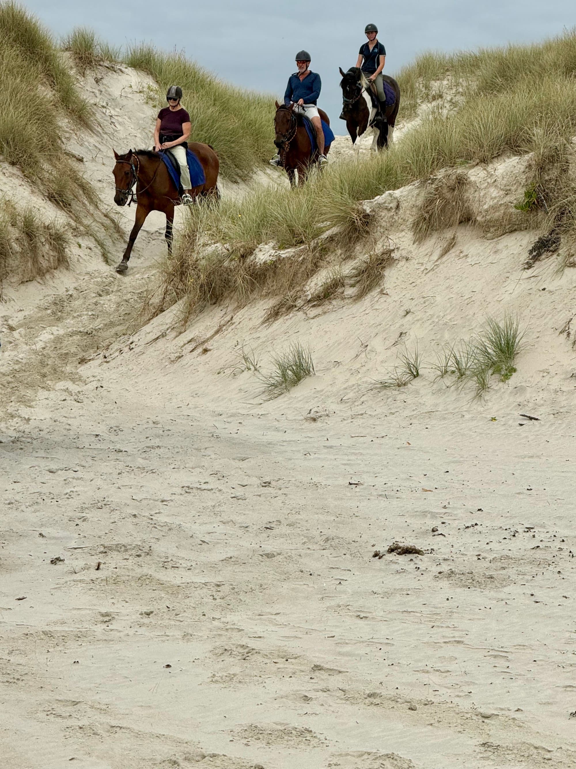 Three horses with riders on the sand dunes.