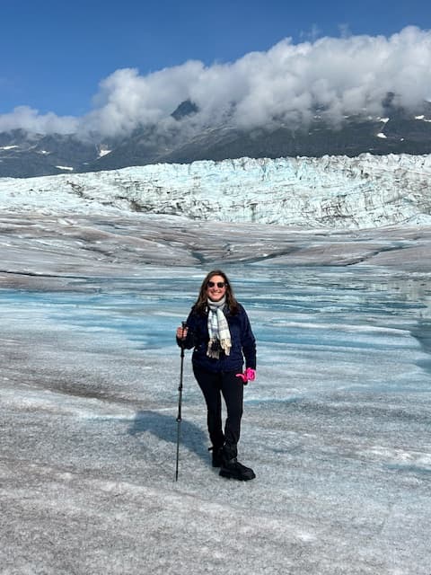 Mindy in front of Mendenhall, with snow and ice in the background - Mindy Levin