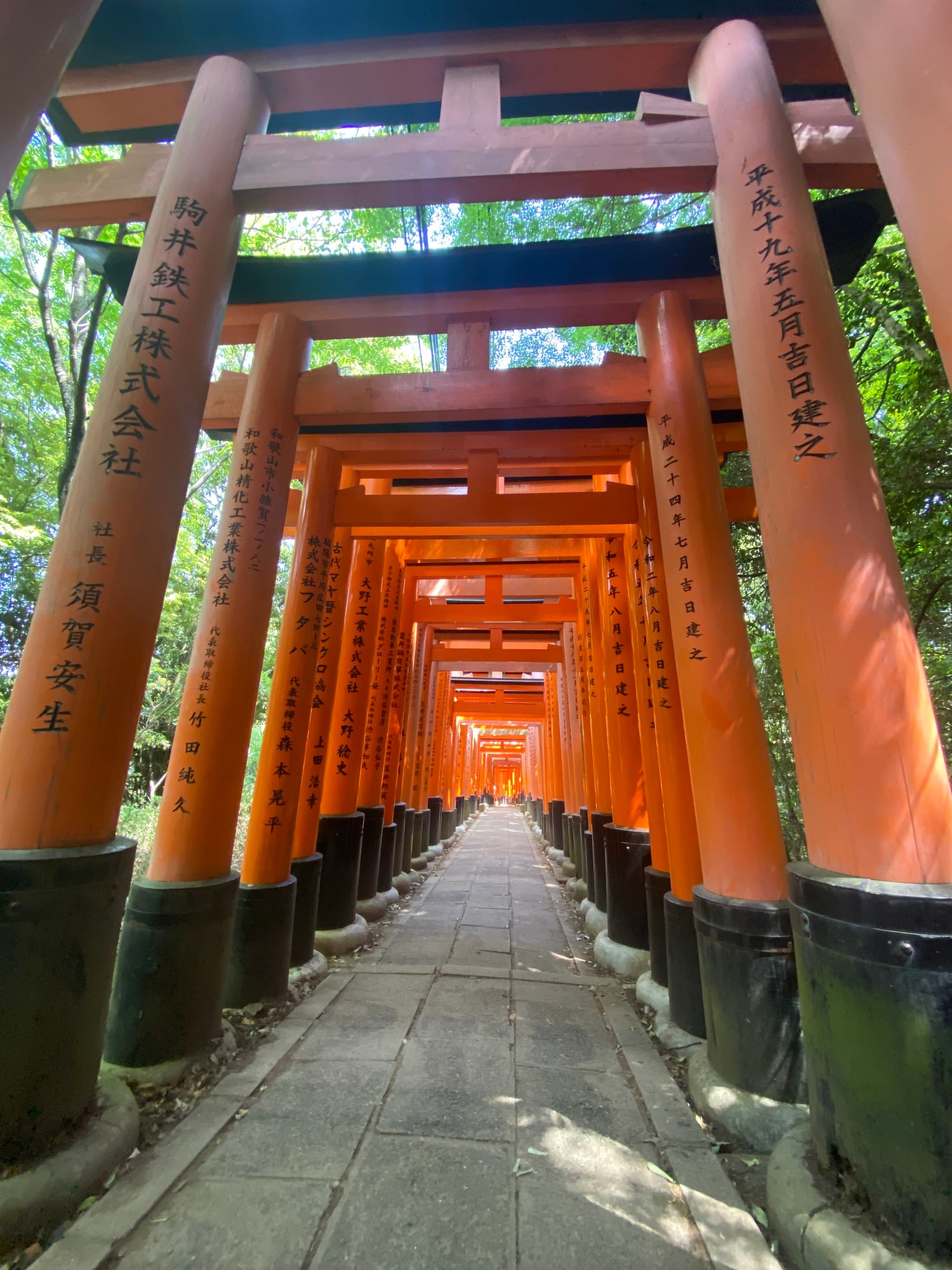 A view of a long stone path with rows of tall, orange gates on either side. Fushimi Inari Taisha Sembon Torii (Thousand Torii Gates)