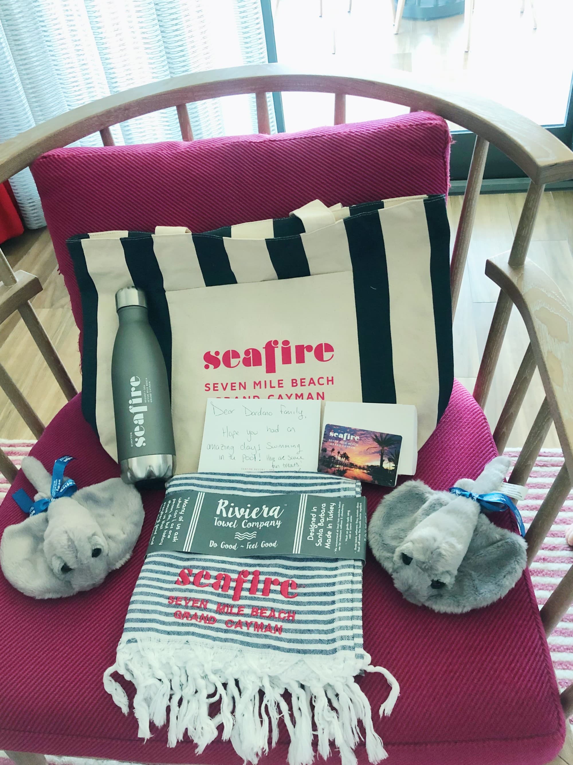 Welcome gifts branded with resort name.