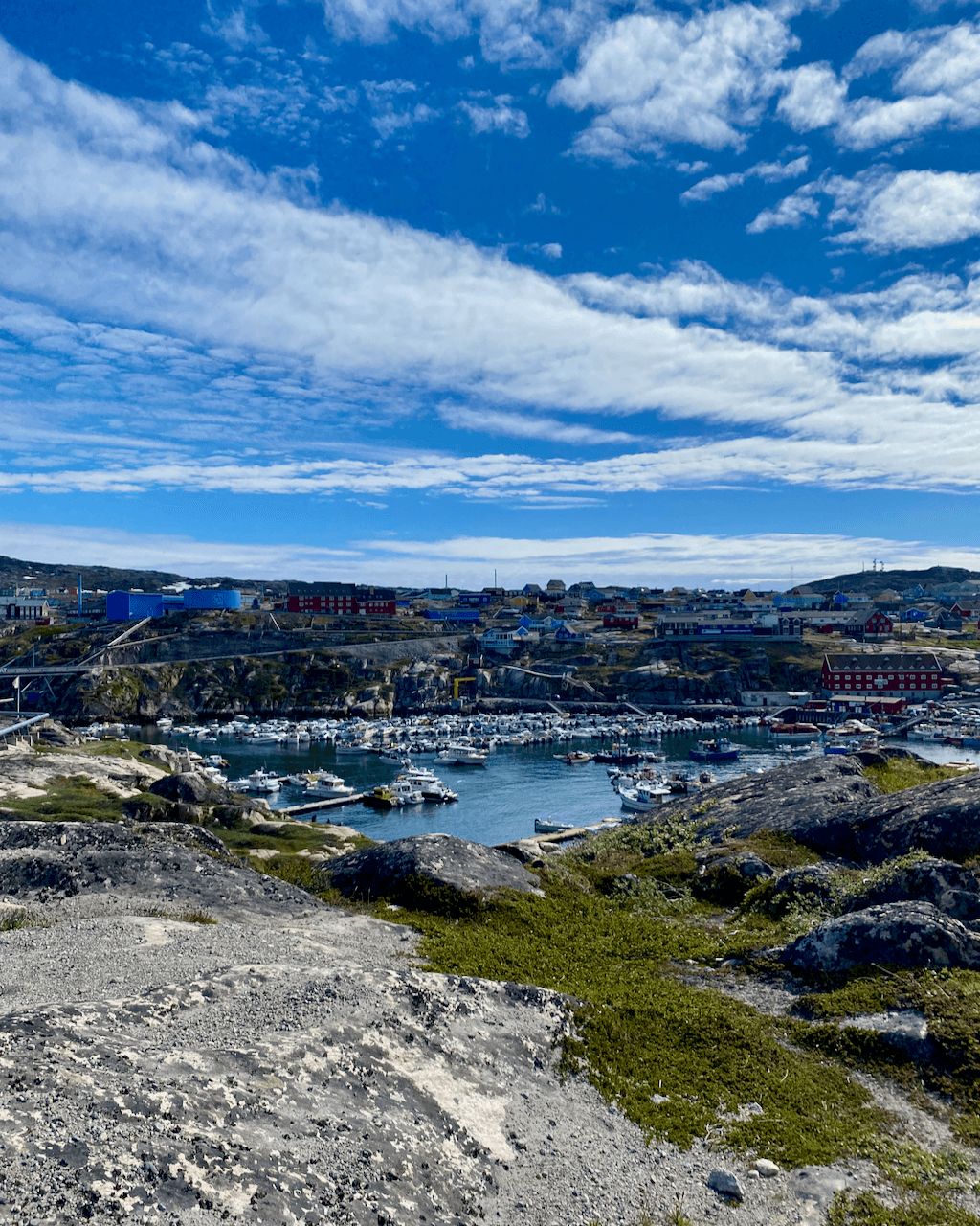 A view of harbor area surrounded by a town and green landscape in Ilulissat, Greenland.