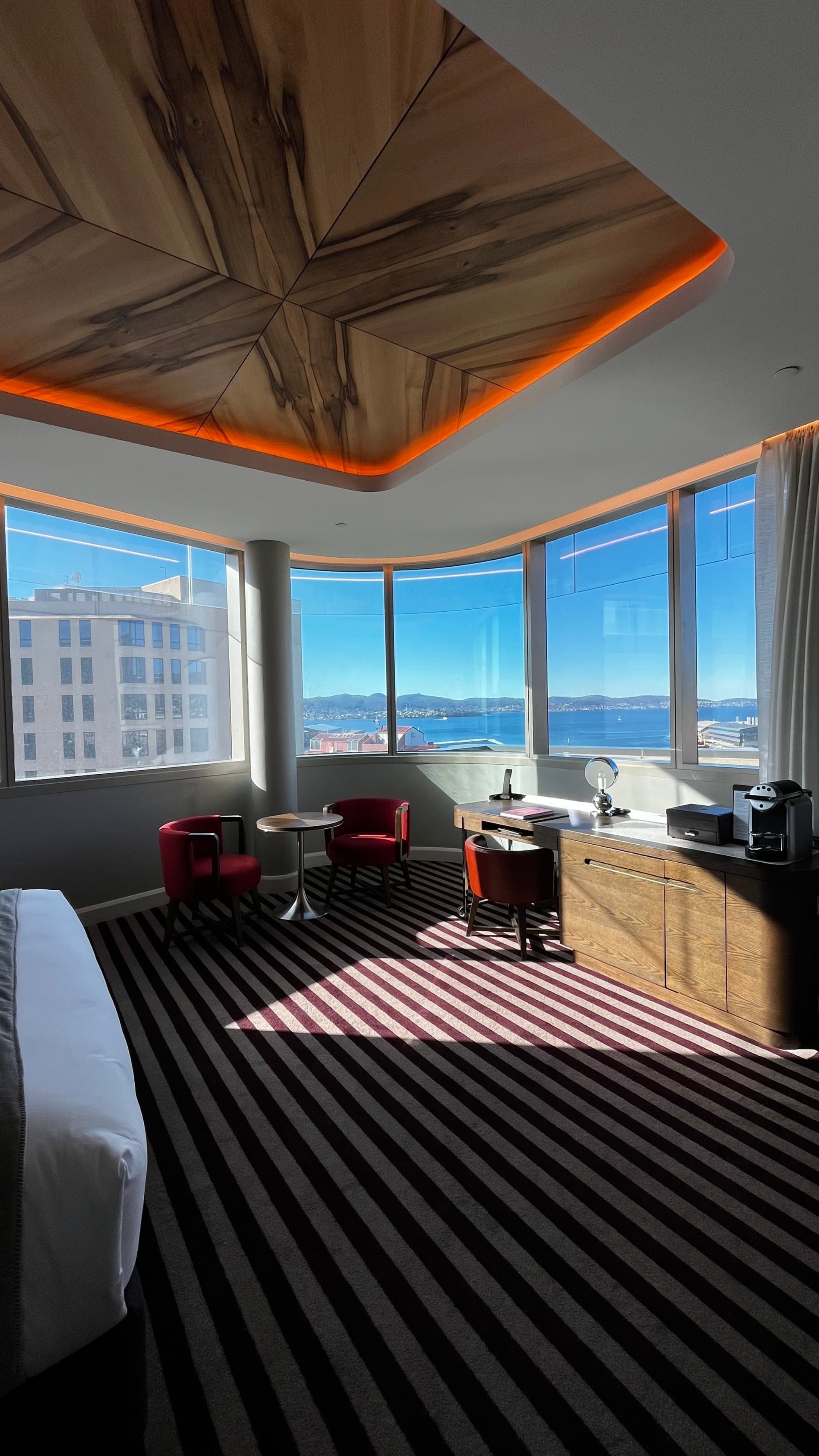 Room at The Tasman, Hobart with a view of the hills on a sunny day.