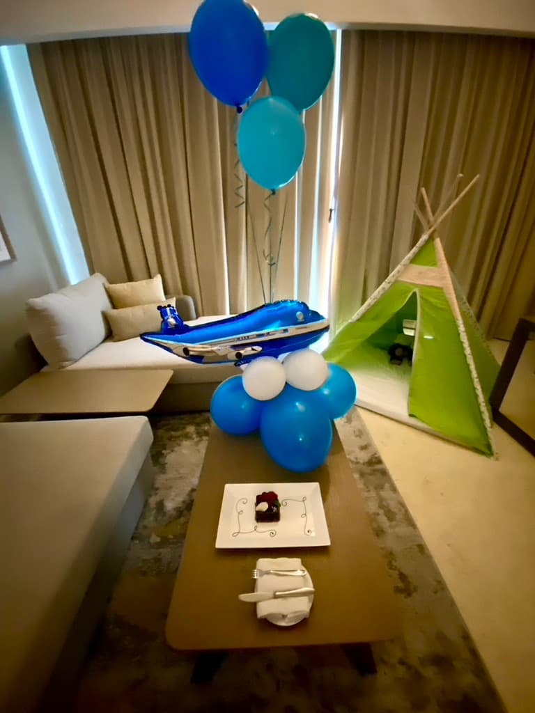 Birthday decorations in a hotel room