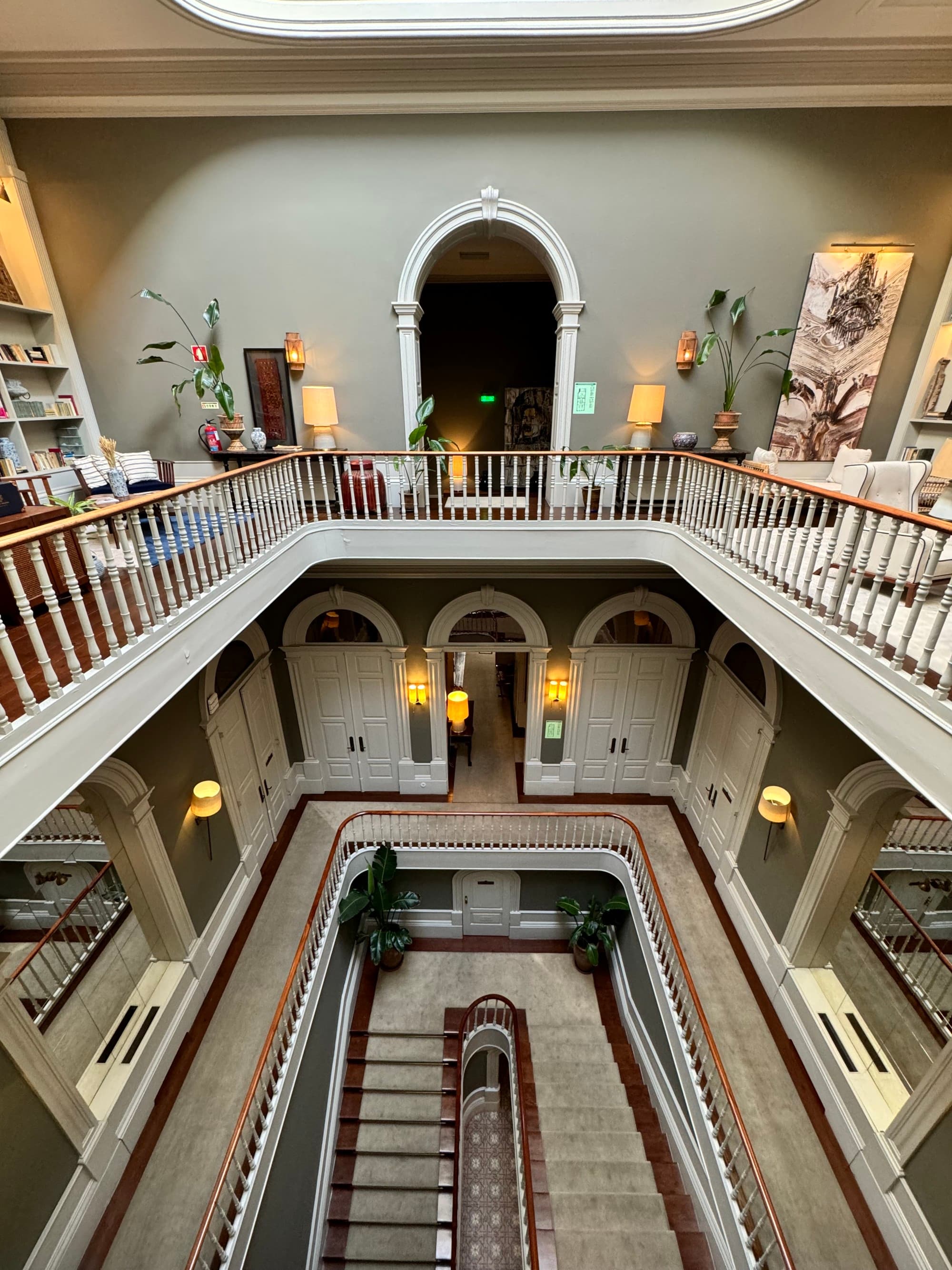 A large staircase in a hotel building