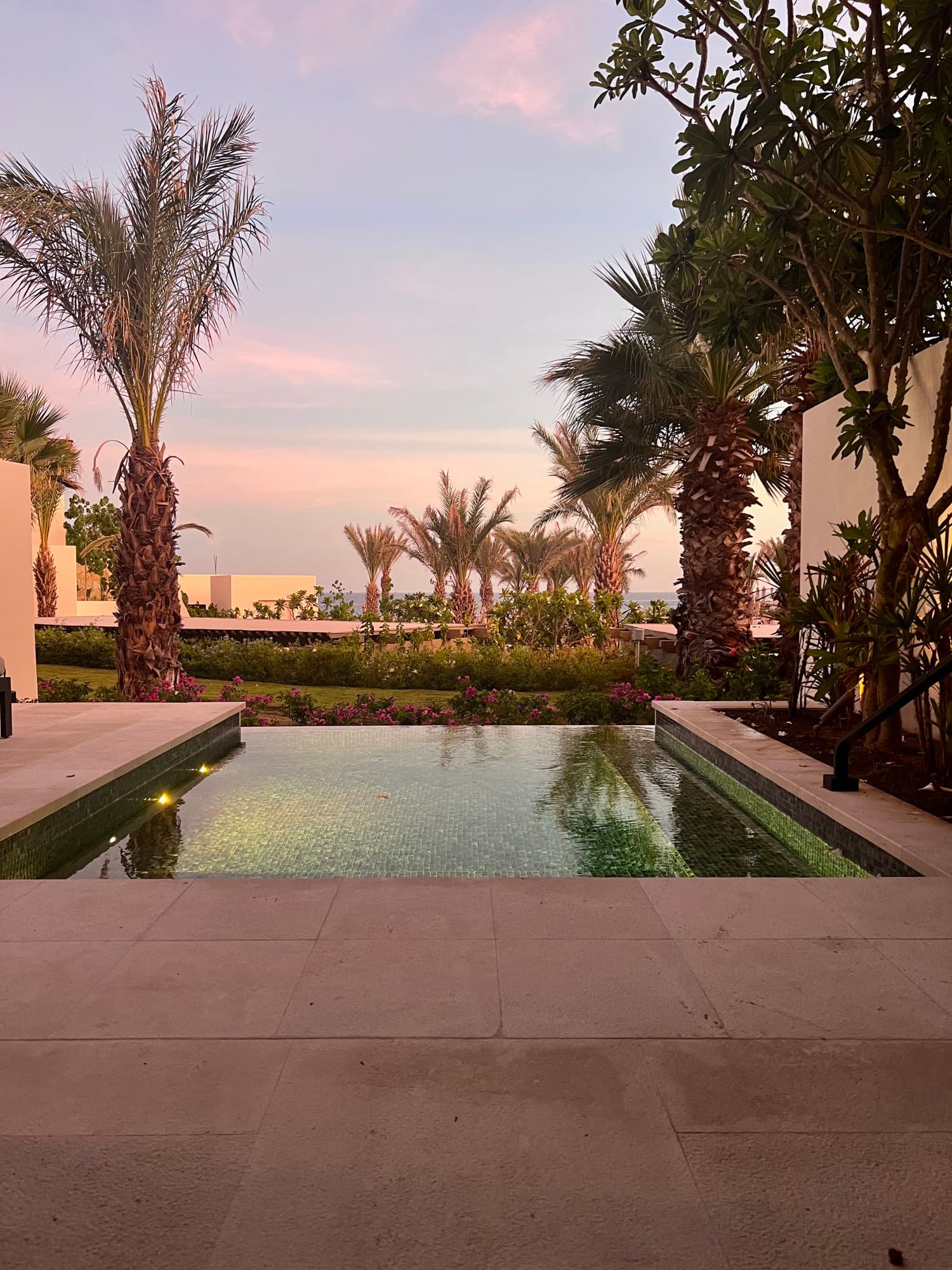 A plunge pool surrounded by a concrete terrace with a view of palm trees and a blue and pink sky at dusk.