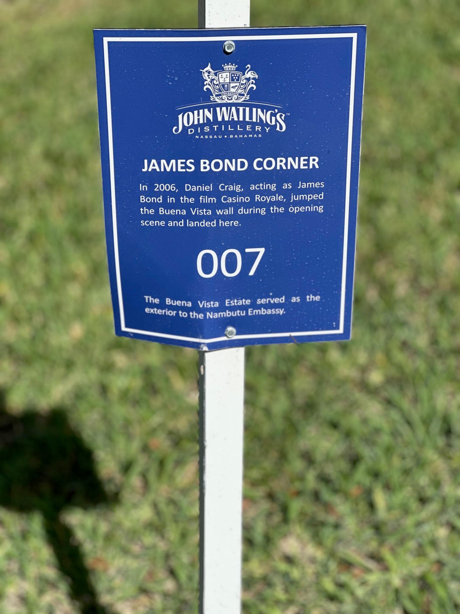 A blue information sign for James Bond Corner