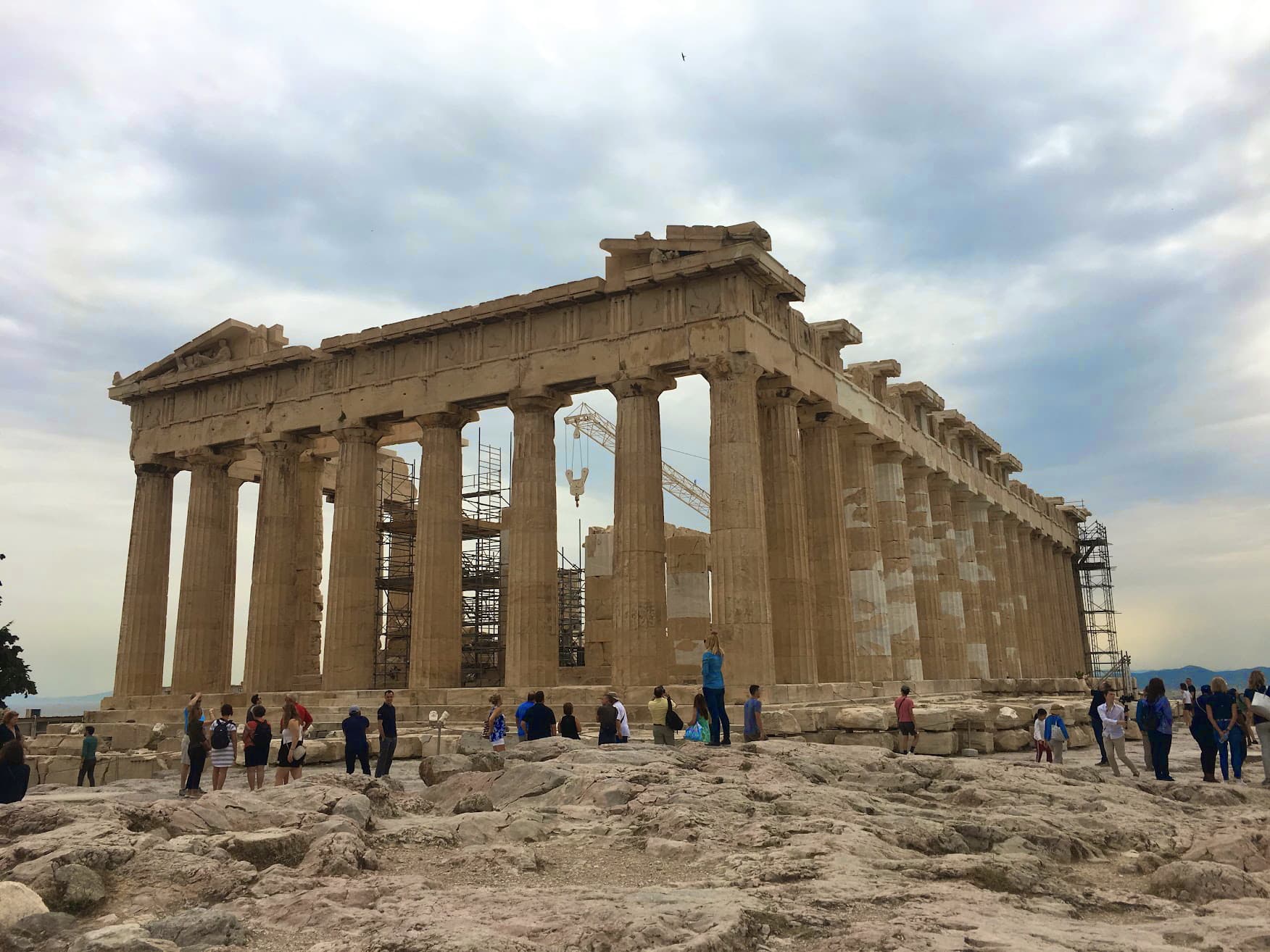 View of ruins in Athens on a cloudy day