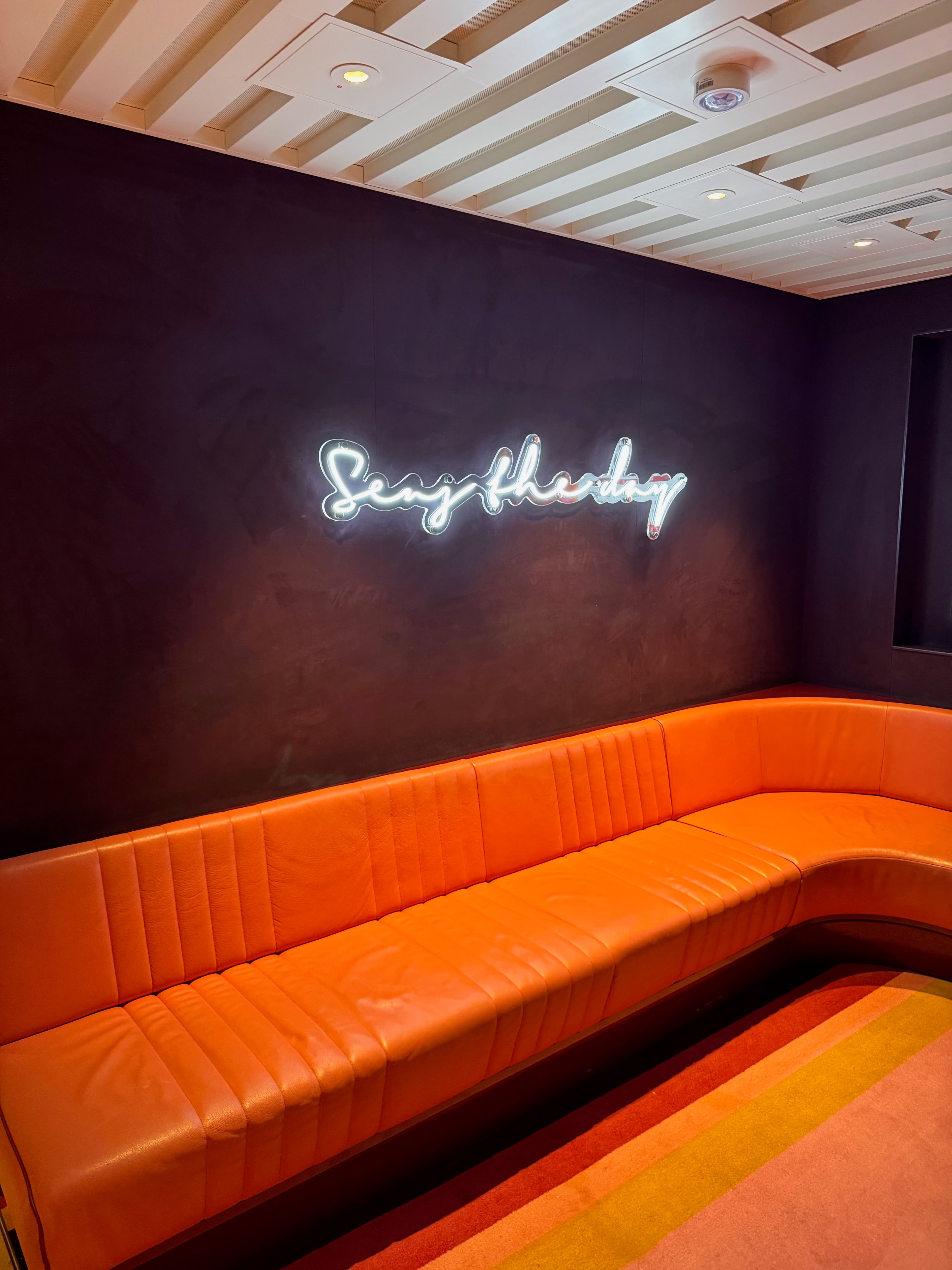 Neon light over orange sofa.