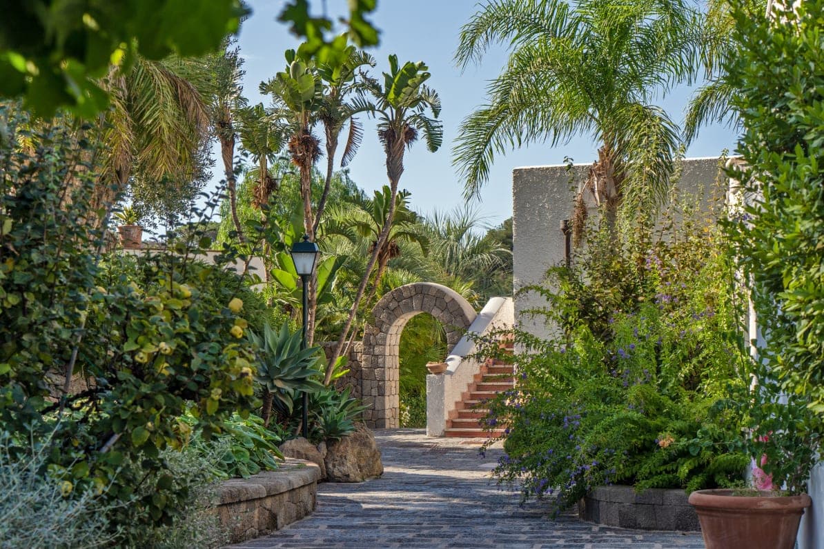 stone archway in a lush garden