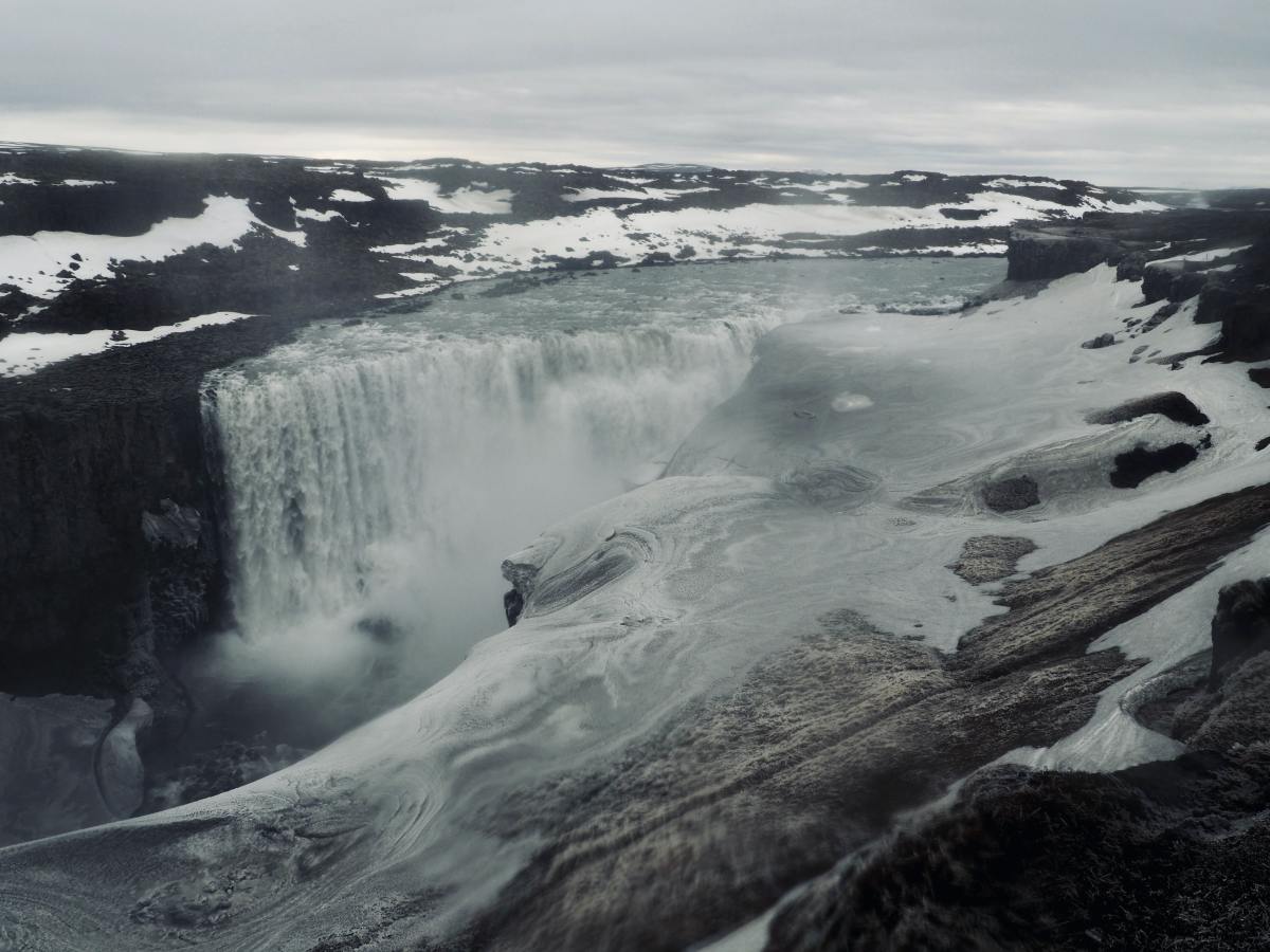 Majestic and wide waterfall of Selfoss in Iceland on a glommy day.