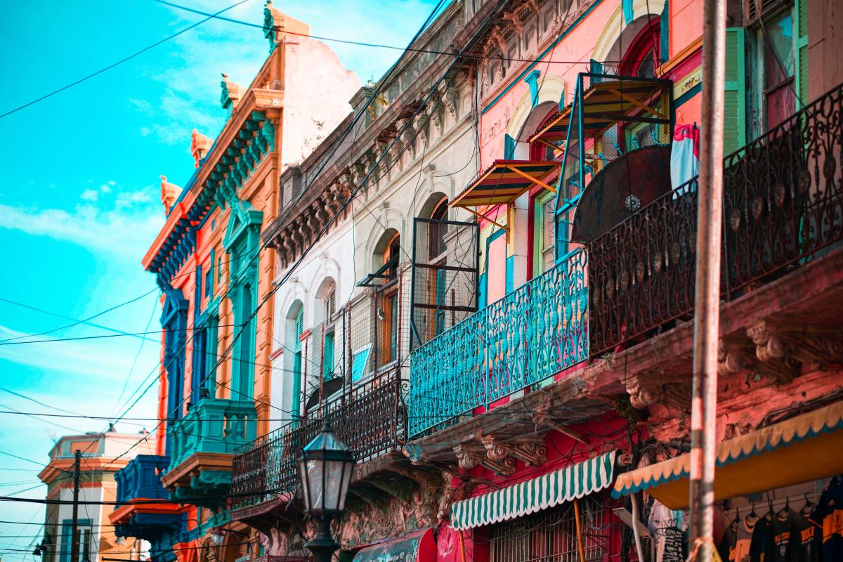 Close up colorful buildings of Buenos Aires on a bright day.