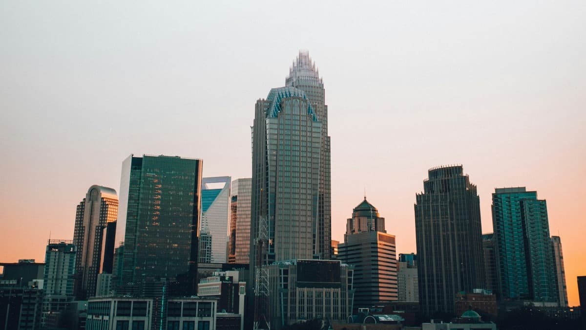 View of a city skyline during sunset