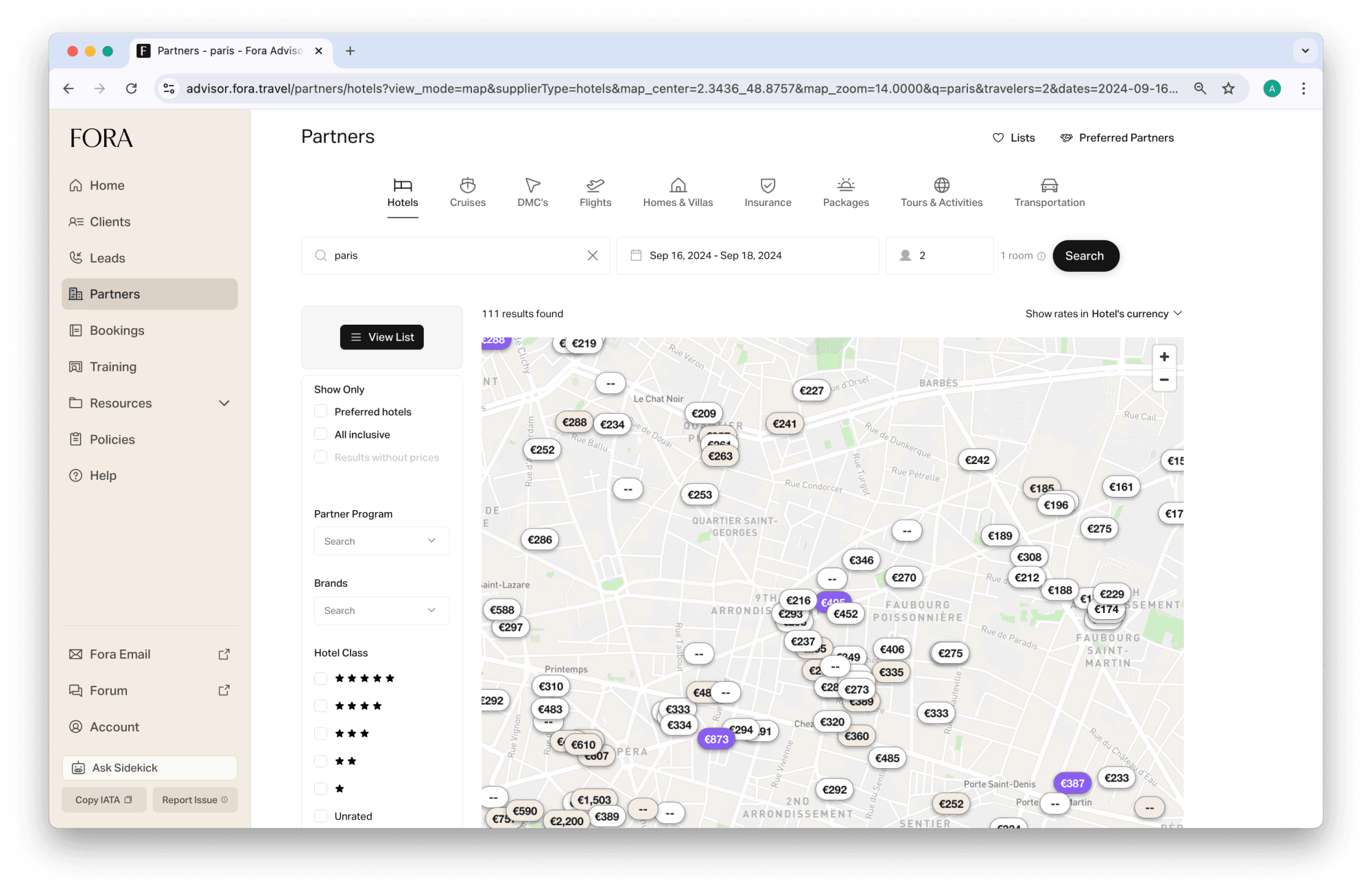 a a map populated with white bubbles depicting hotel prices on a computer browser