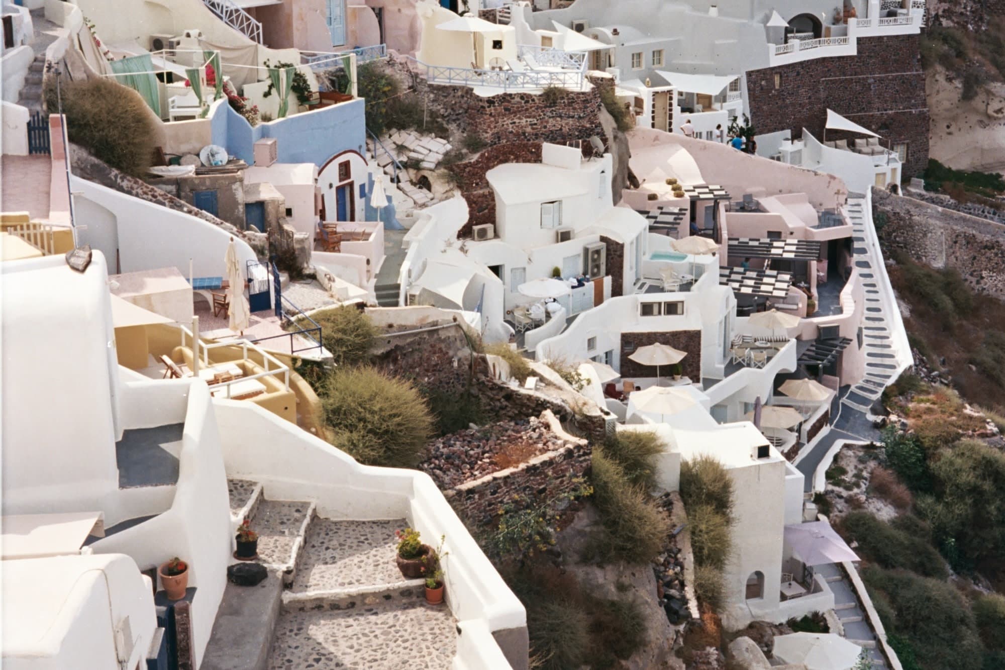 view of the white houses and paths of Santorini
