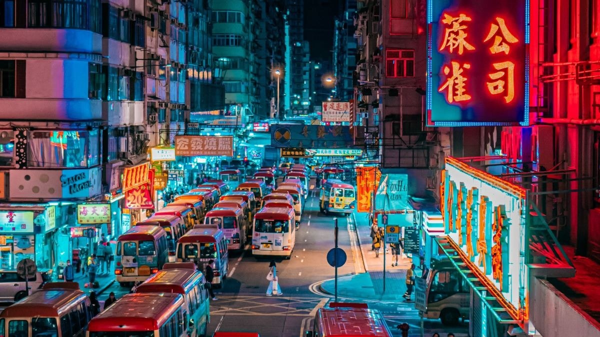 a view of the street with buses