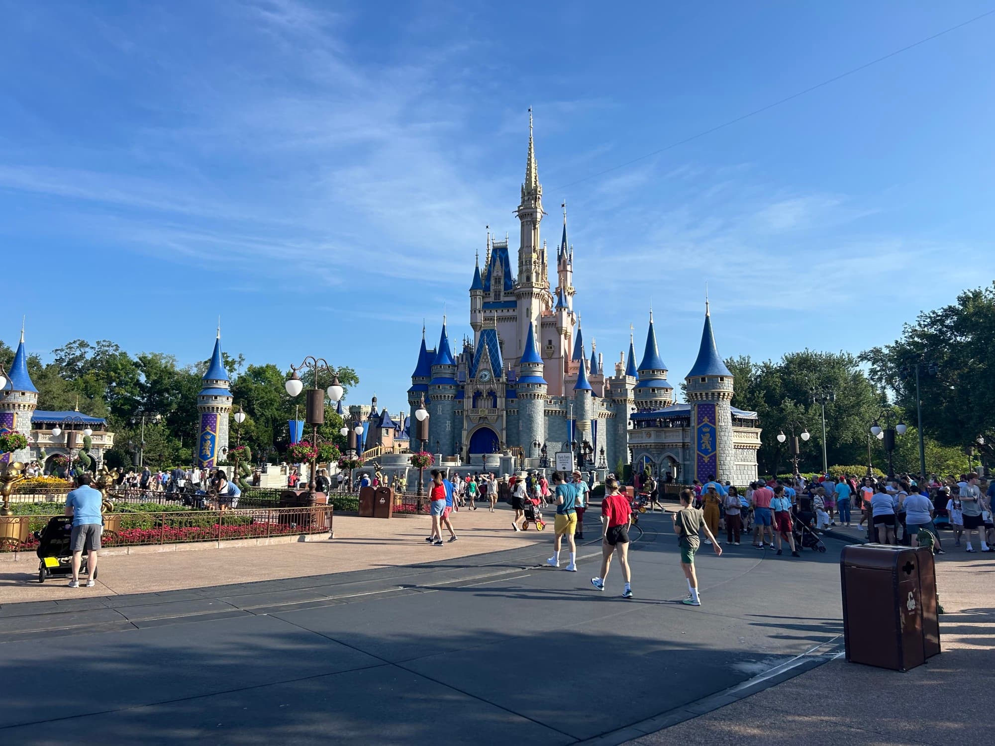Cinderella's Castle, Early Entry, Magic Kingdom Park on a sunny day.