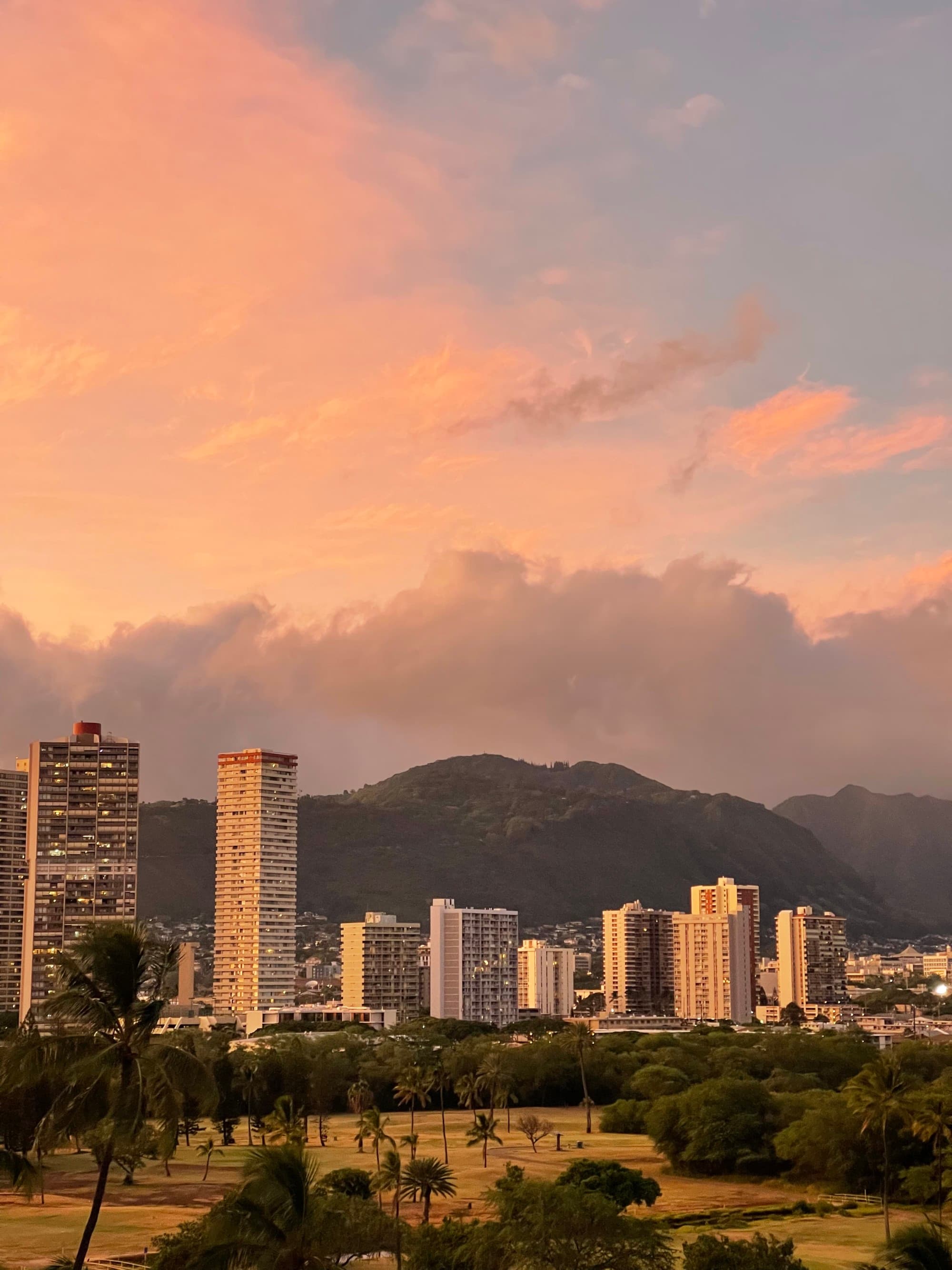 A row of sky rise buildings during a sunset