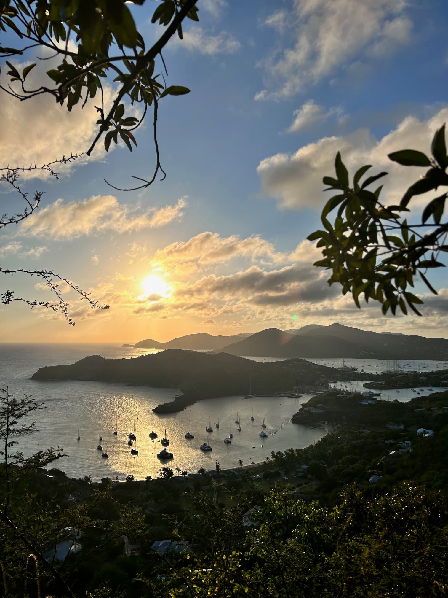 A view of the sea and small islands during the sunset