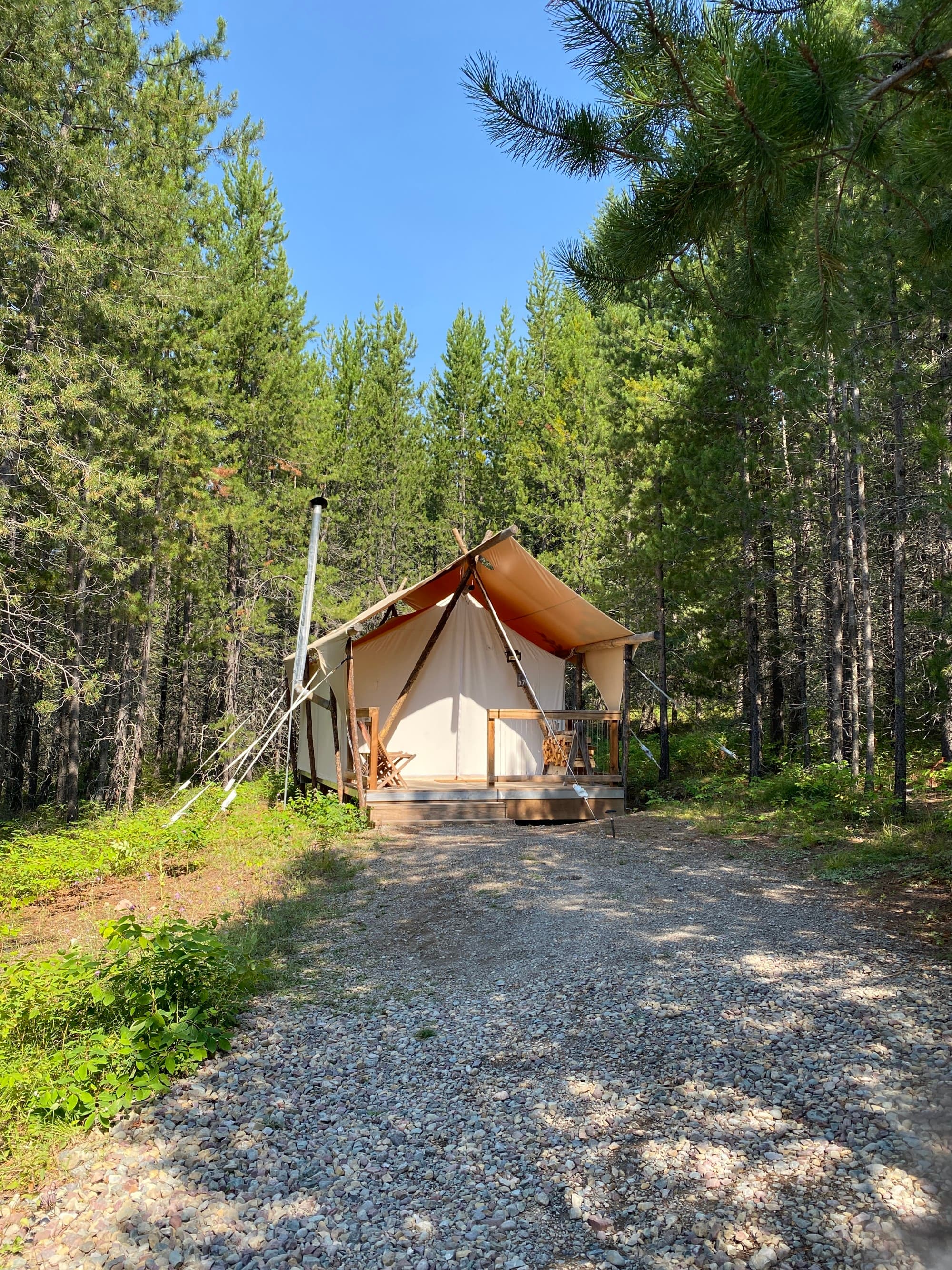 A tent in the woods during the daytime