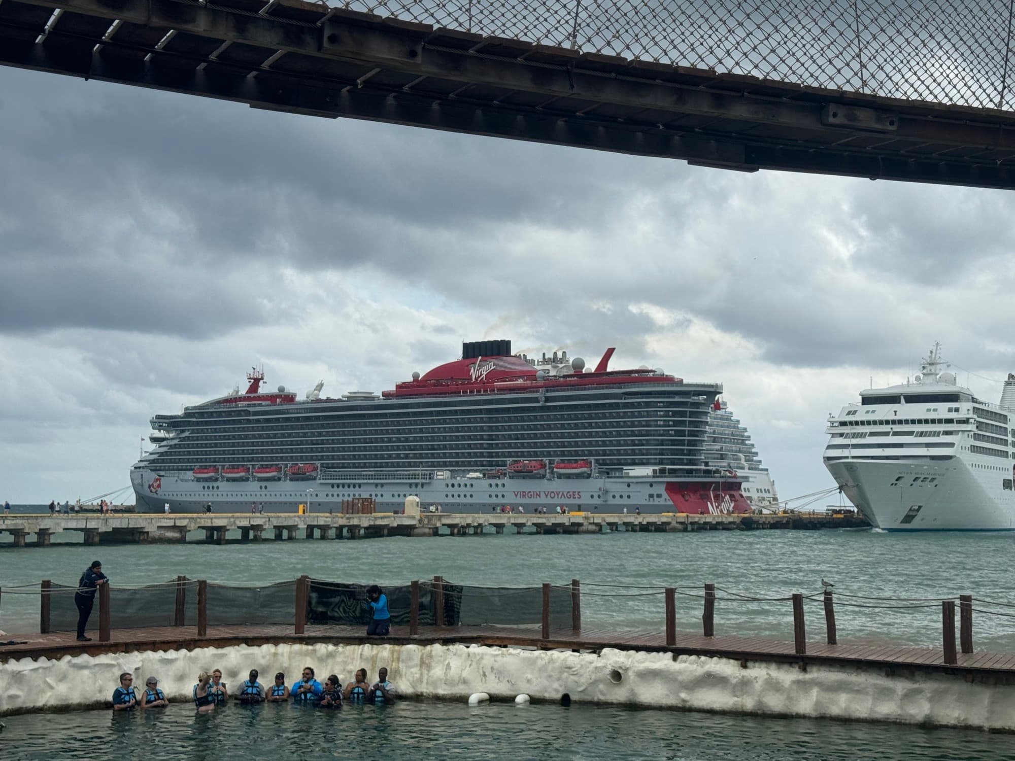 View of a cruise ship in the distance.