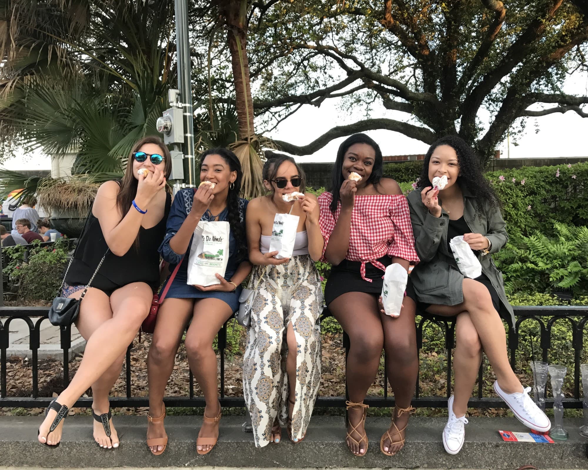 A group of girls posing with treats under the trees on sunny day.
