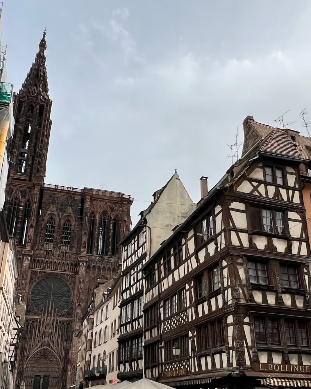 A low-angled view of tudor-style buildings