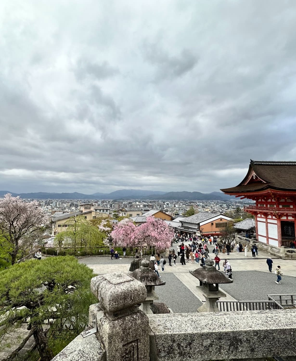 View of the valley with a Japanese temple in the background.