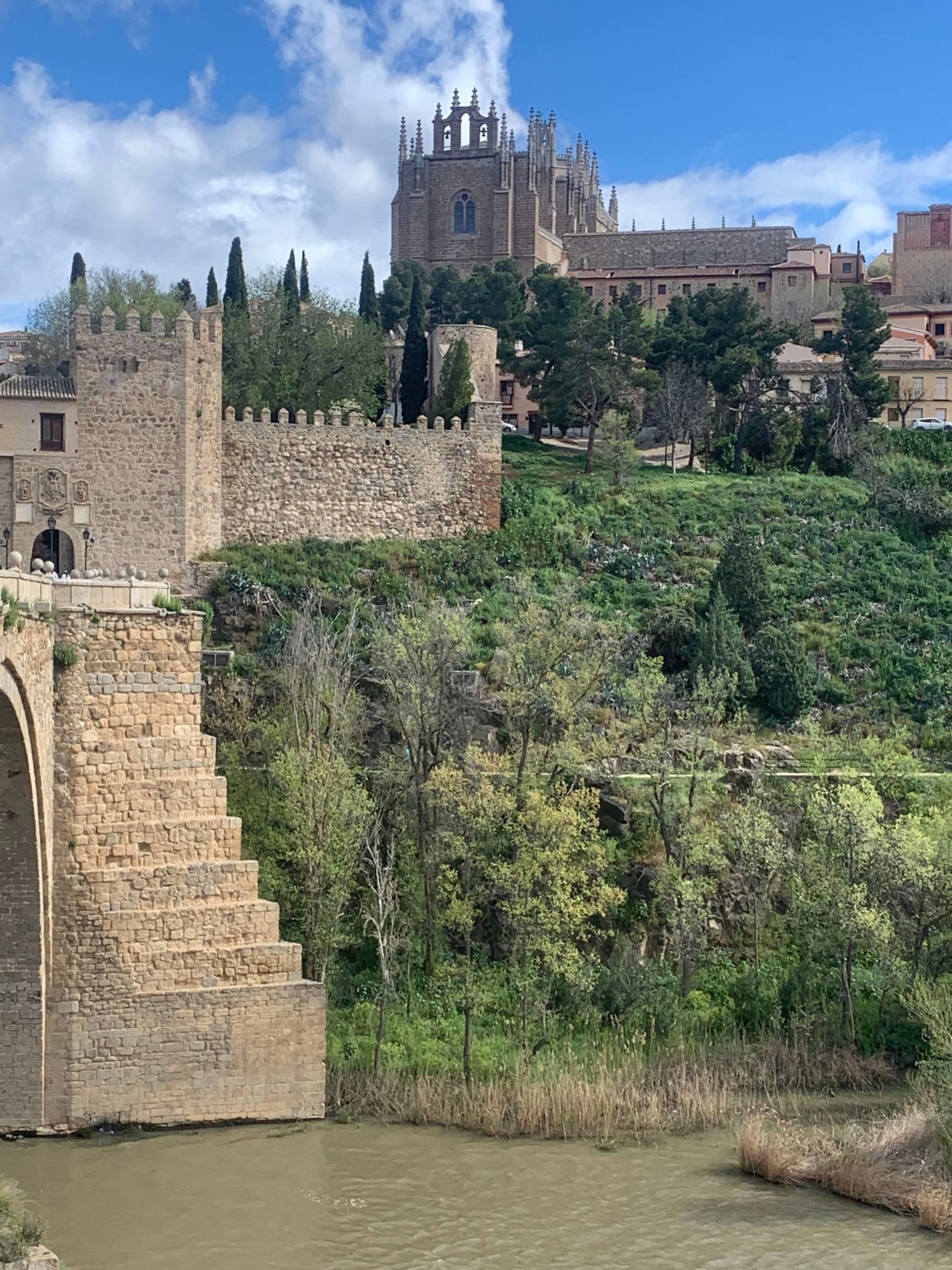 Castle on a cliff overlooking water and trees.