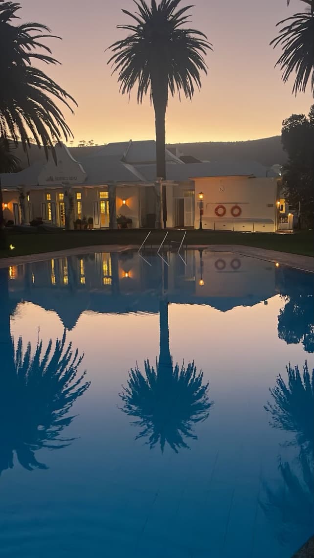 Palm trees over a pool with a sunset in the background.