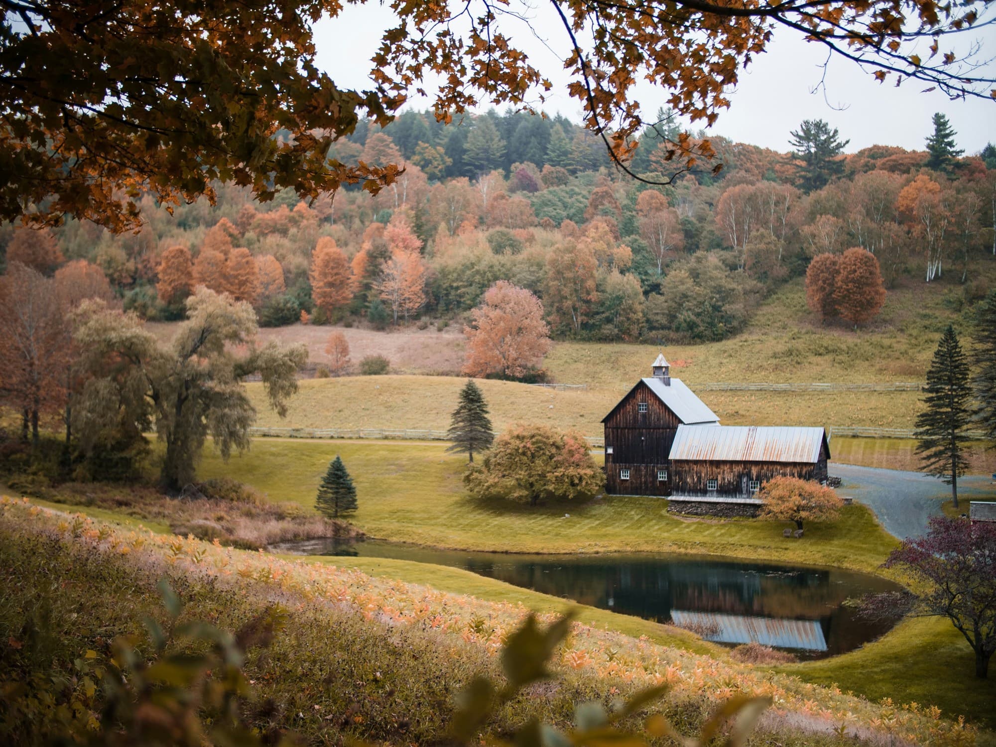 A view of a Vermont valley, with a wooden cabin, surrounded by the natural, fall, colors of trees.