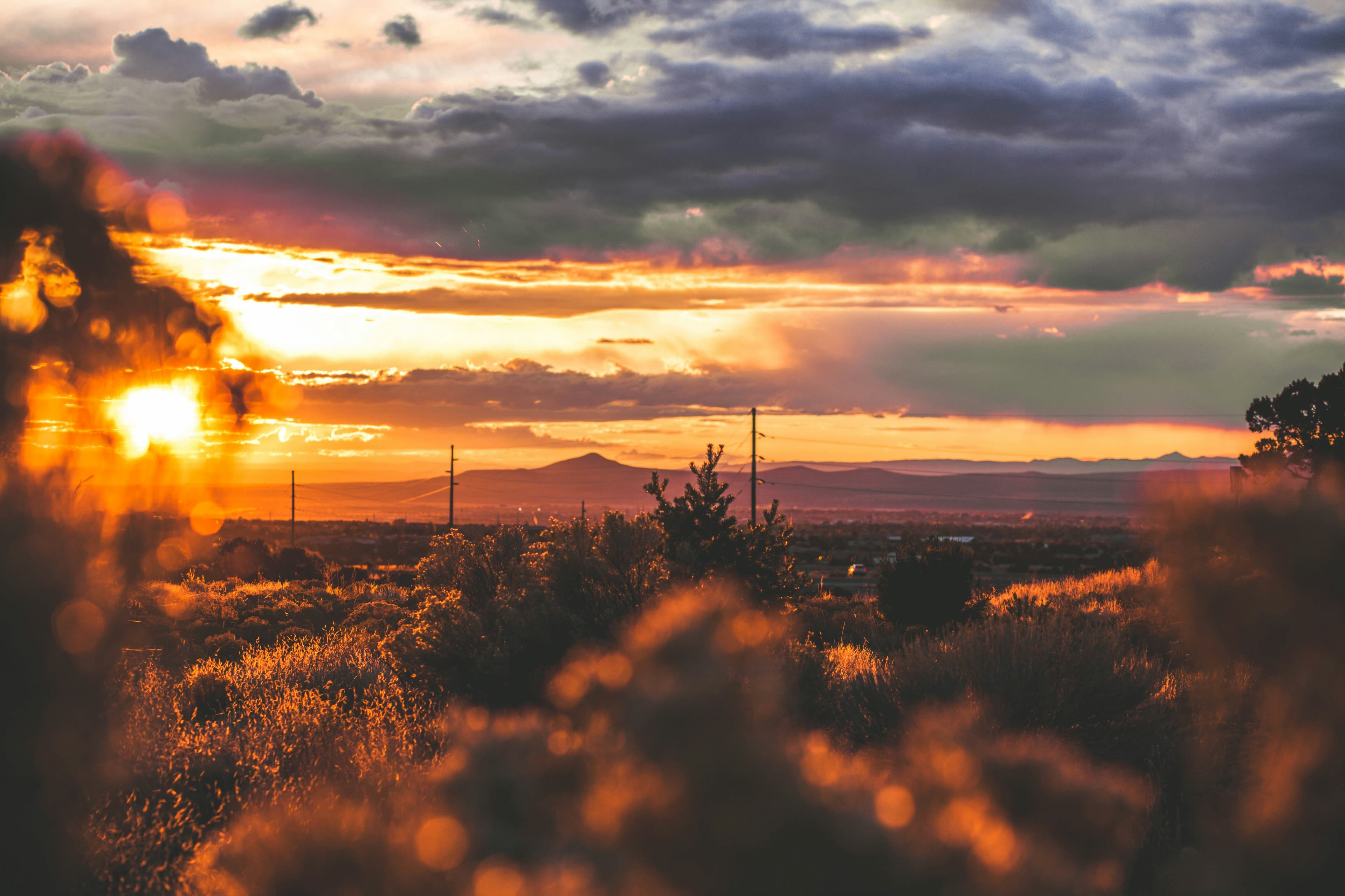 A view of the Santa Fe landscape at sunset.