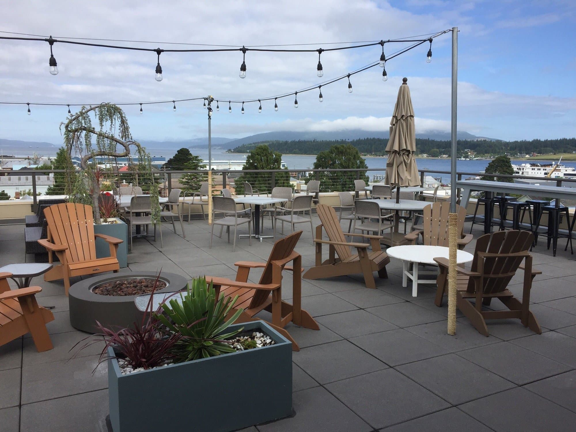 A rooftop seating area during the daytime