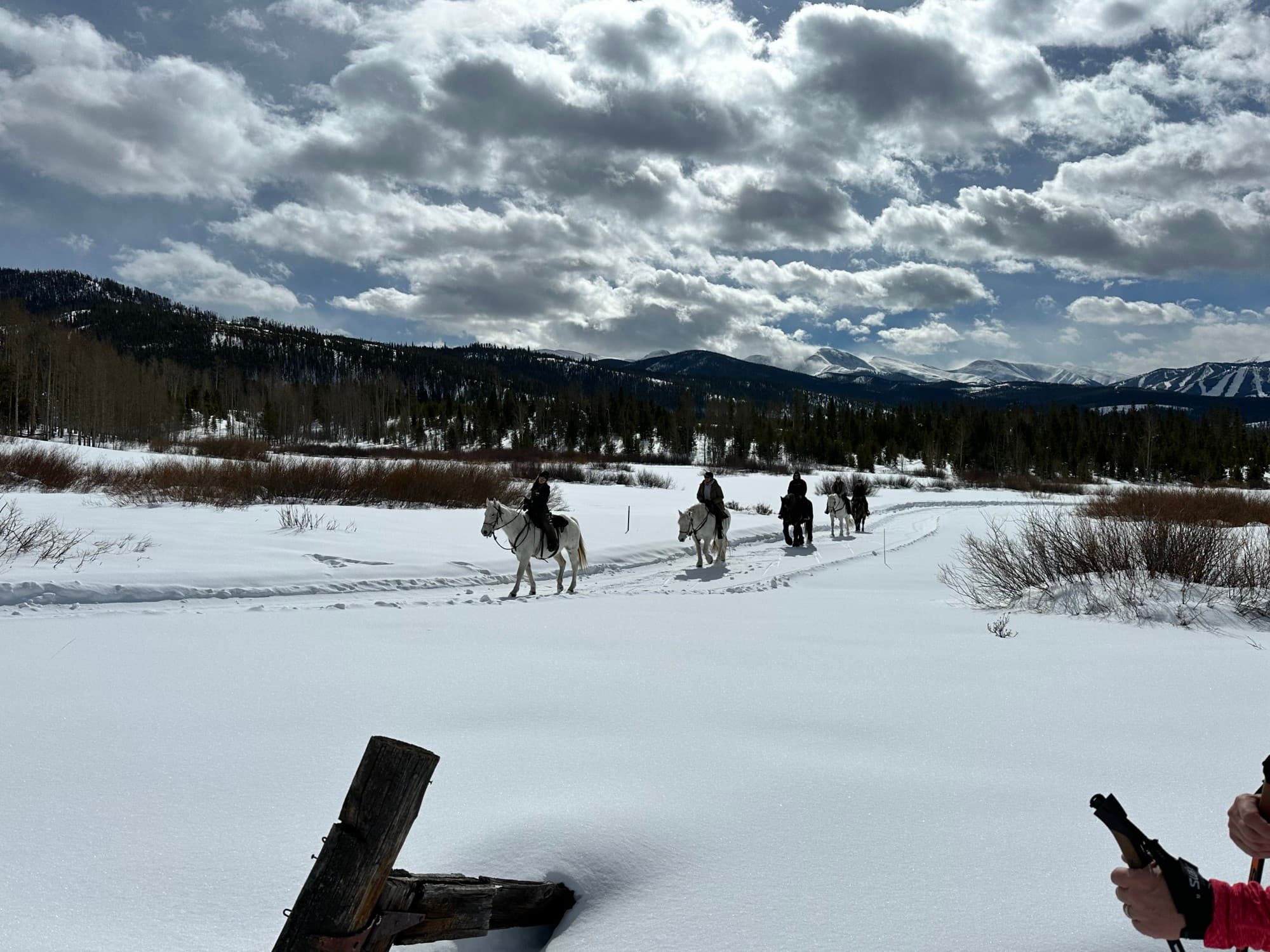 A view of four people riding horseback down a snowy trail surrounded by more snow, wild grass and mountains under a cloudy blue sky.