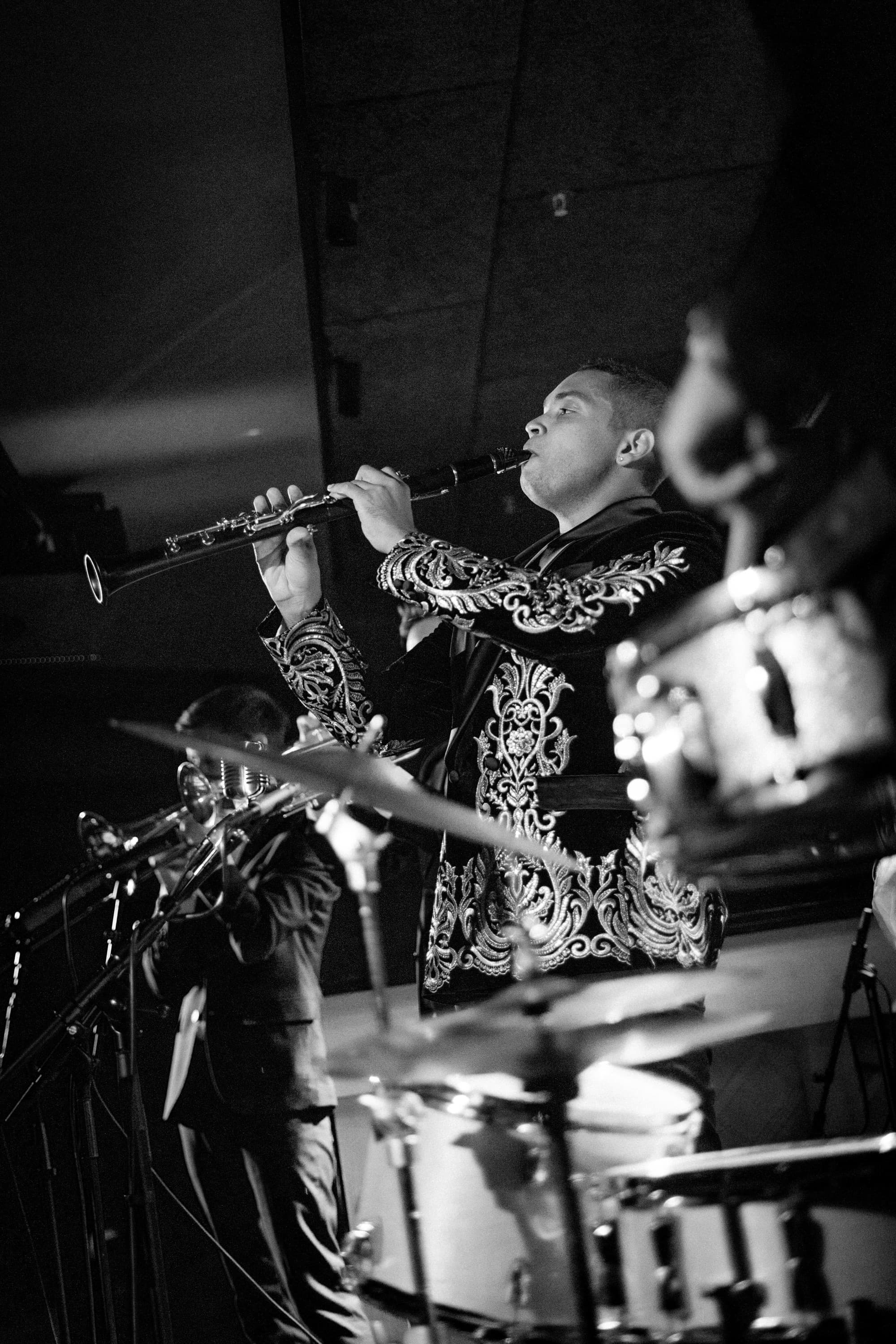 A grayscale photo of a band