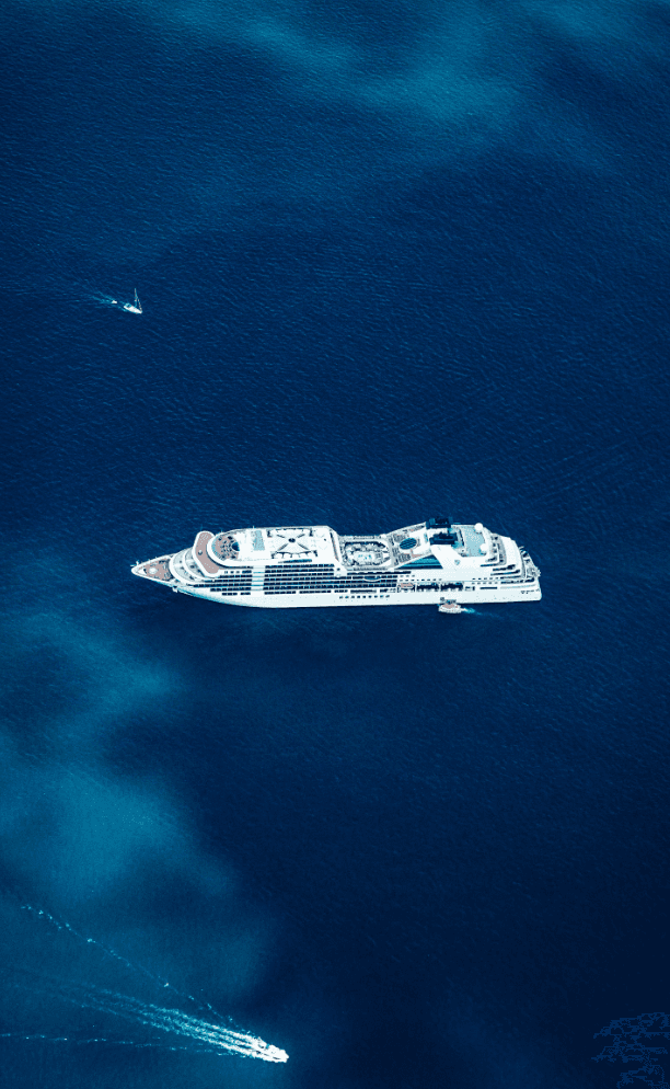 A birds eye view of a cruise ship sailing on the sea.